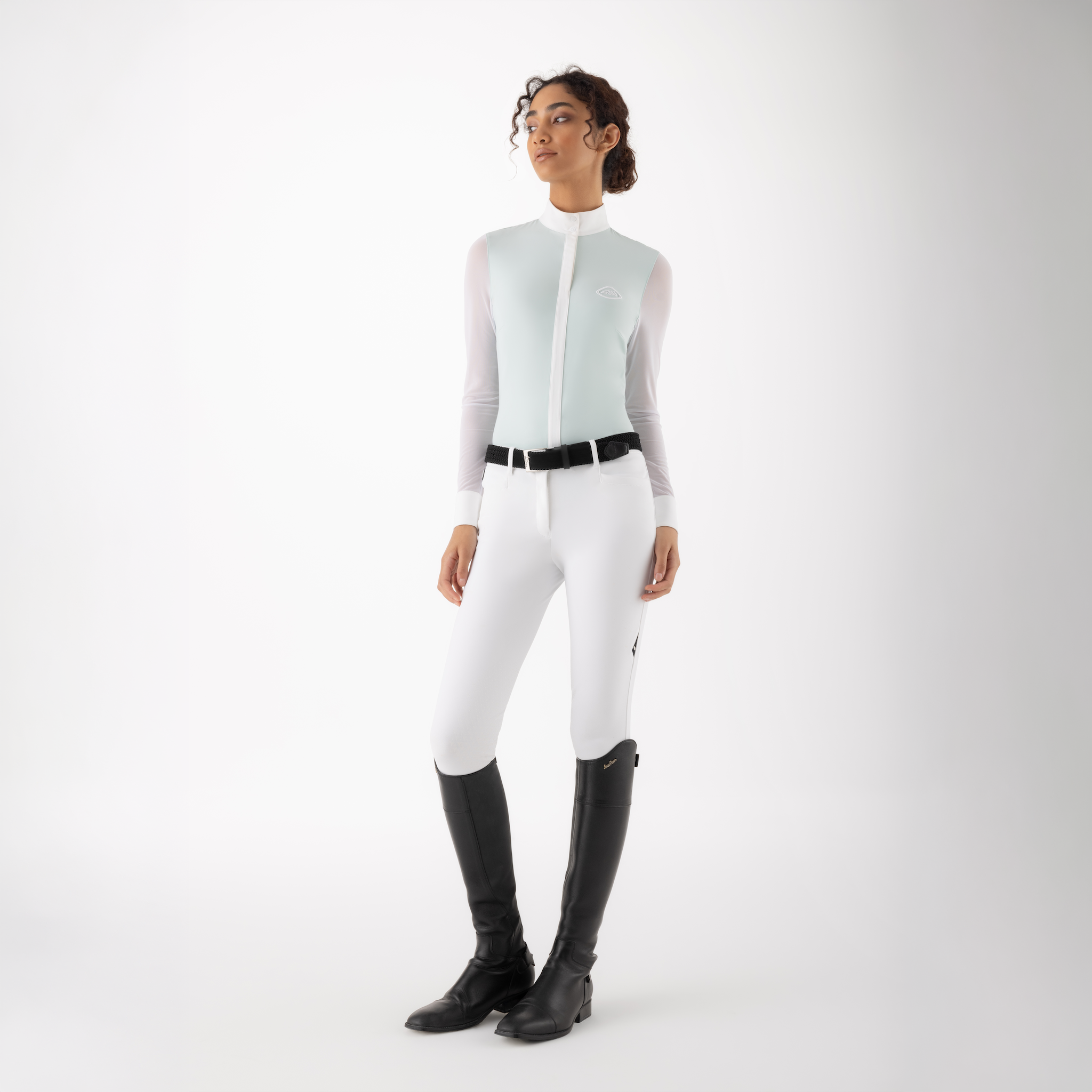 Equiline ladies long sleeve Cubra competition show shirt with front view, lightweight fabric and classic design for equestrian events.