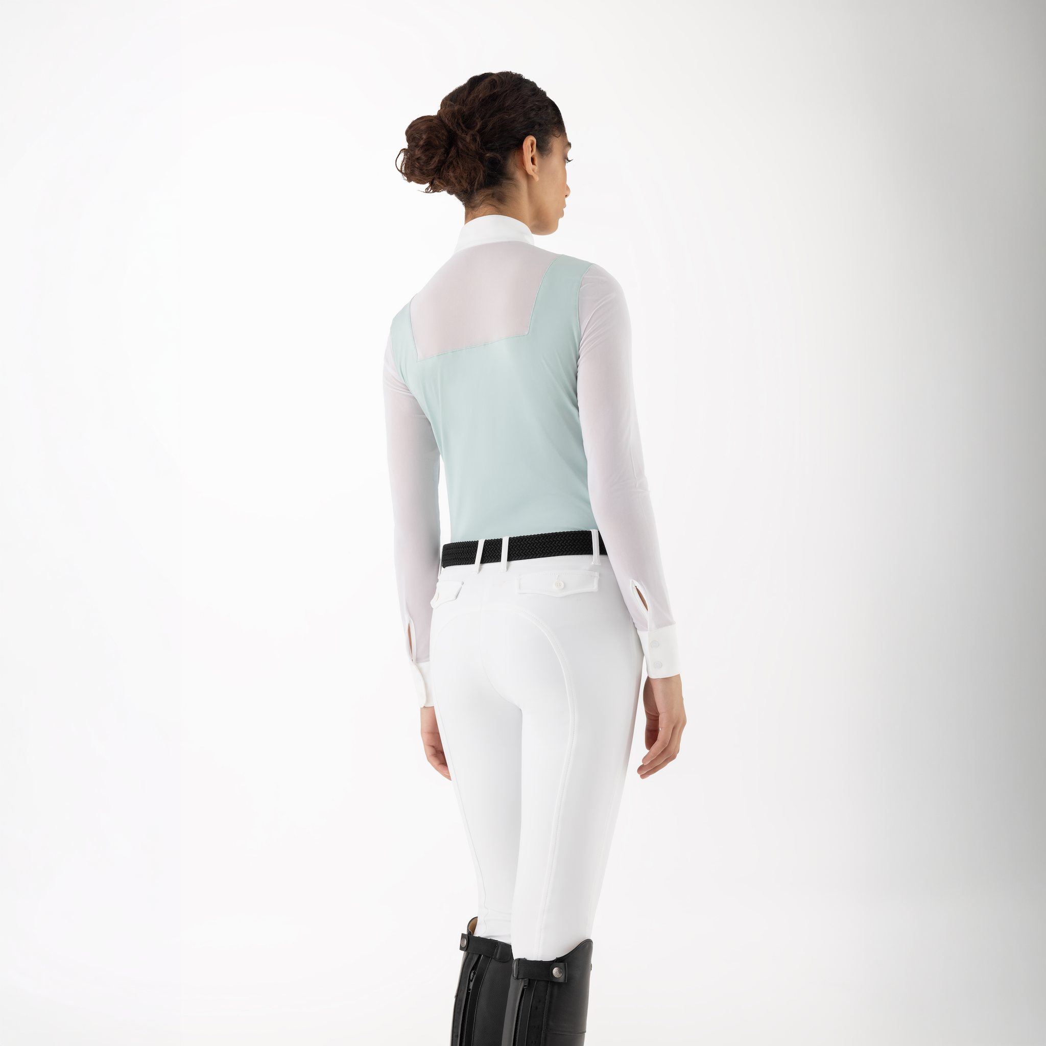 Equiline Ladies Cubra long sleeve competition show shirt with back view, featuring a sleek design and breathable fabric for equestrian events.
