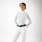 White Equiline ladies Cubra long sleeve competition shirt with front view, designed for show riding and equestrian events.