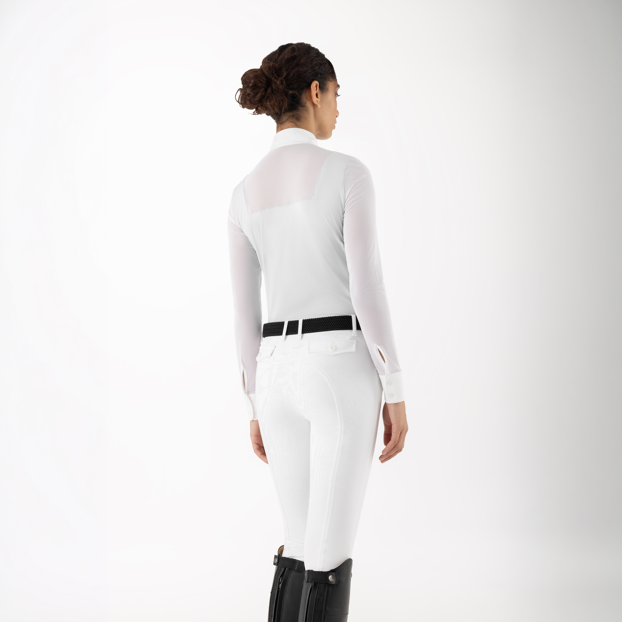 Equiline ladies long sleeve Cubra show shirt in white, featuring a fitted design and subtle branding on the back.