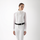 Equiline Ladies Gelsa long sleeve competition shirt in white, designed for equestrian show riding with a fitted style.