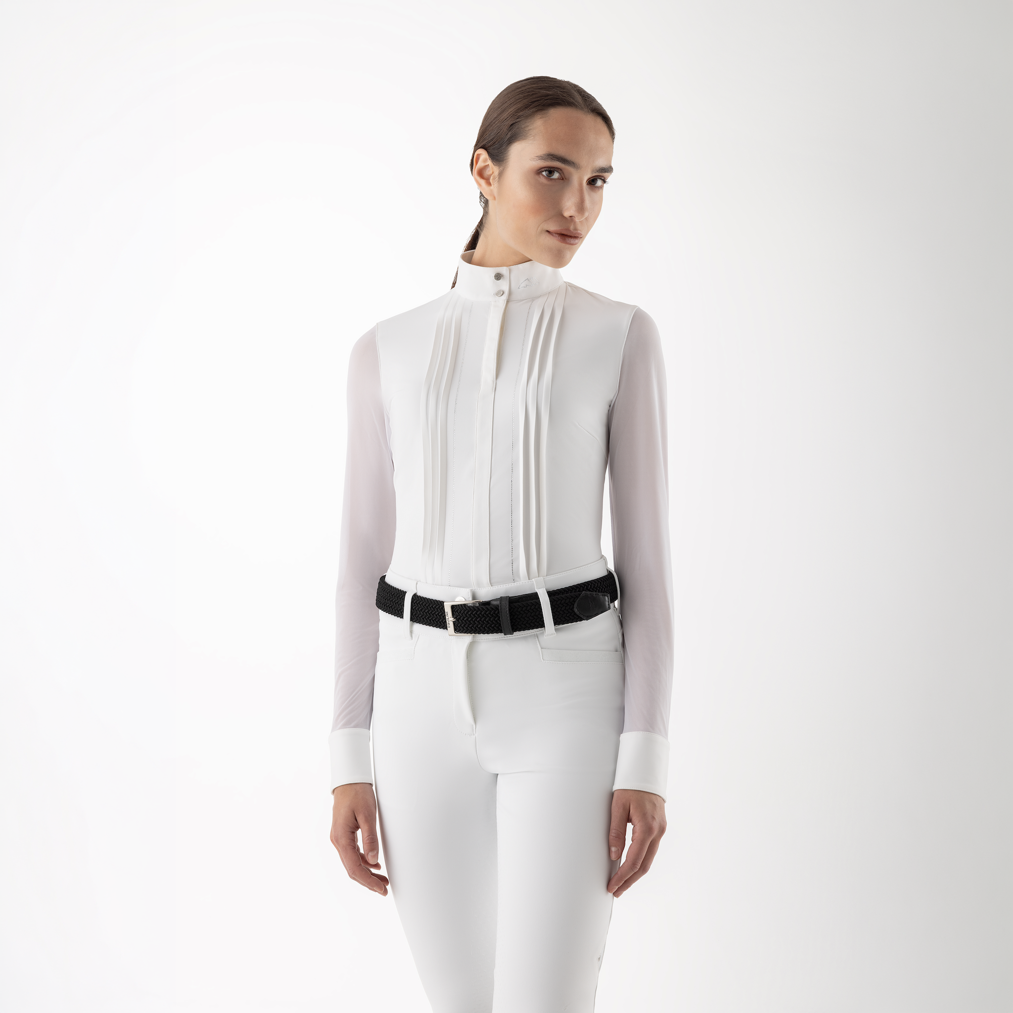 Equiline Ladies Gelsa long sleeve competition shirt in white, designed for equestrian show riding with a fitted style.