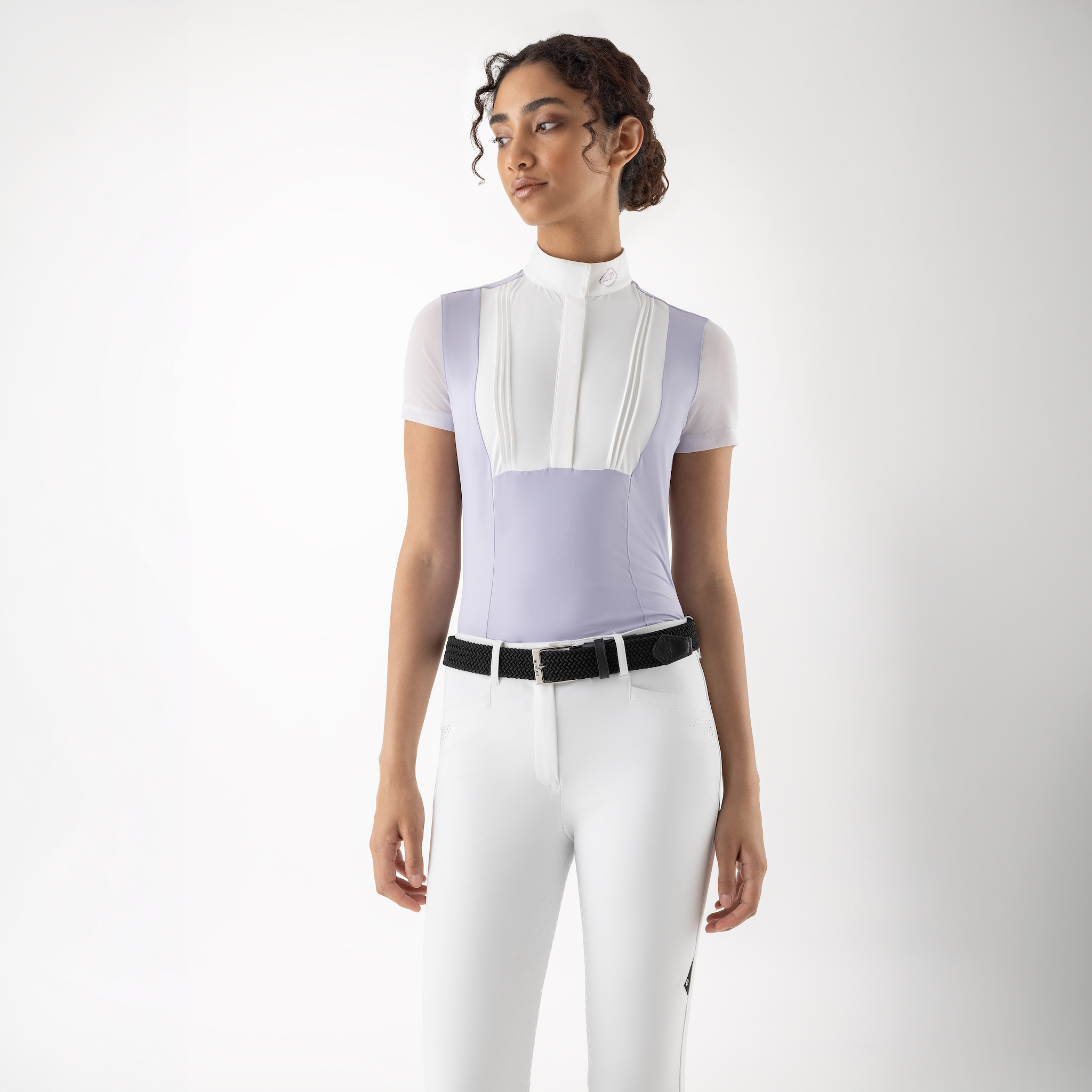 Equiline ladies short sleeve competition shirt with a fitted design, featuring a high collar and subtle branding for equestrian show events.