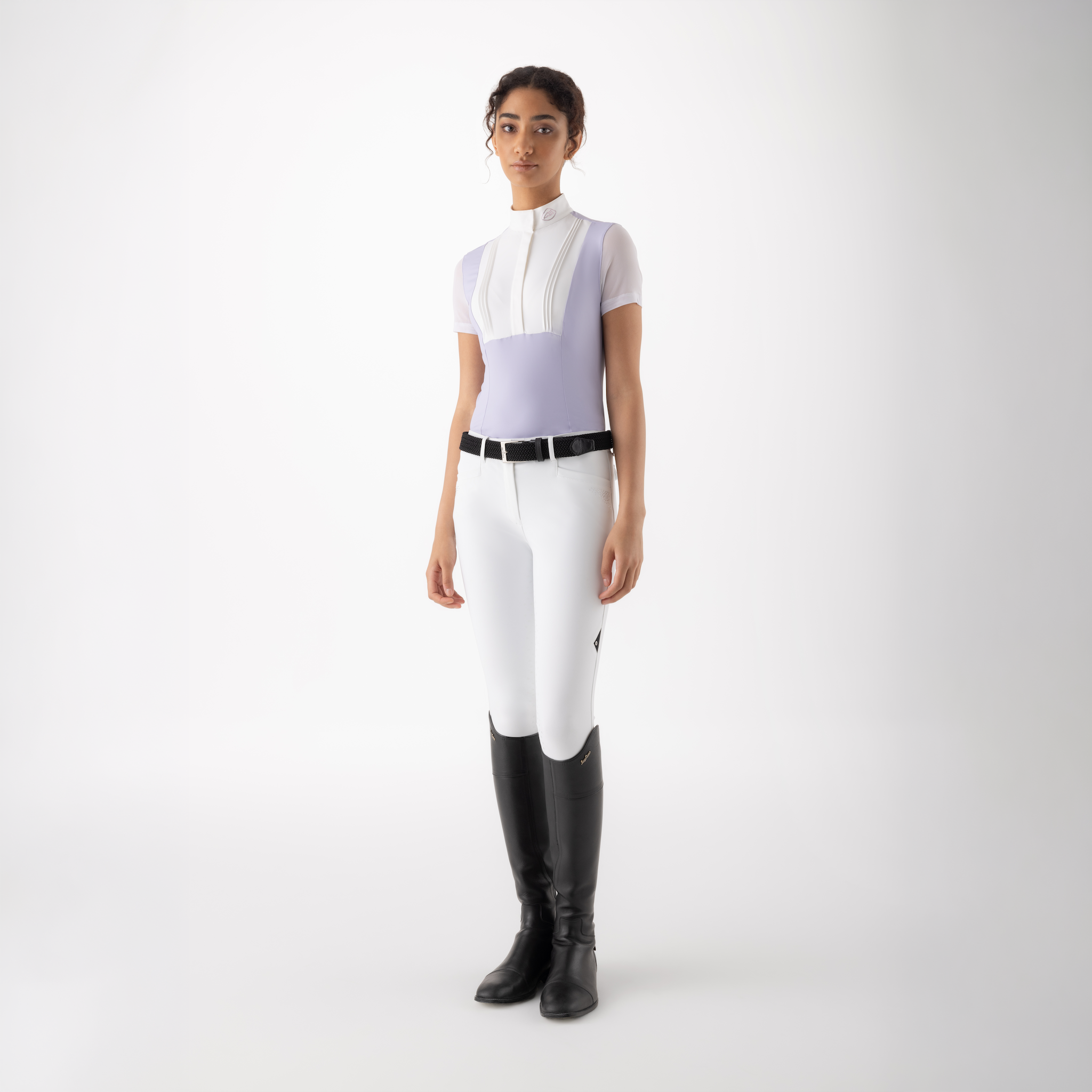 Equiline ladies short sleeve show shirt with a sleek design, suitable for equestrian competitions, featuring a collar and button details.