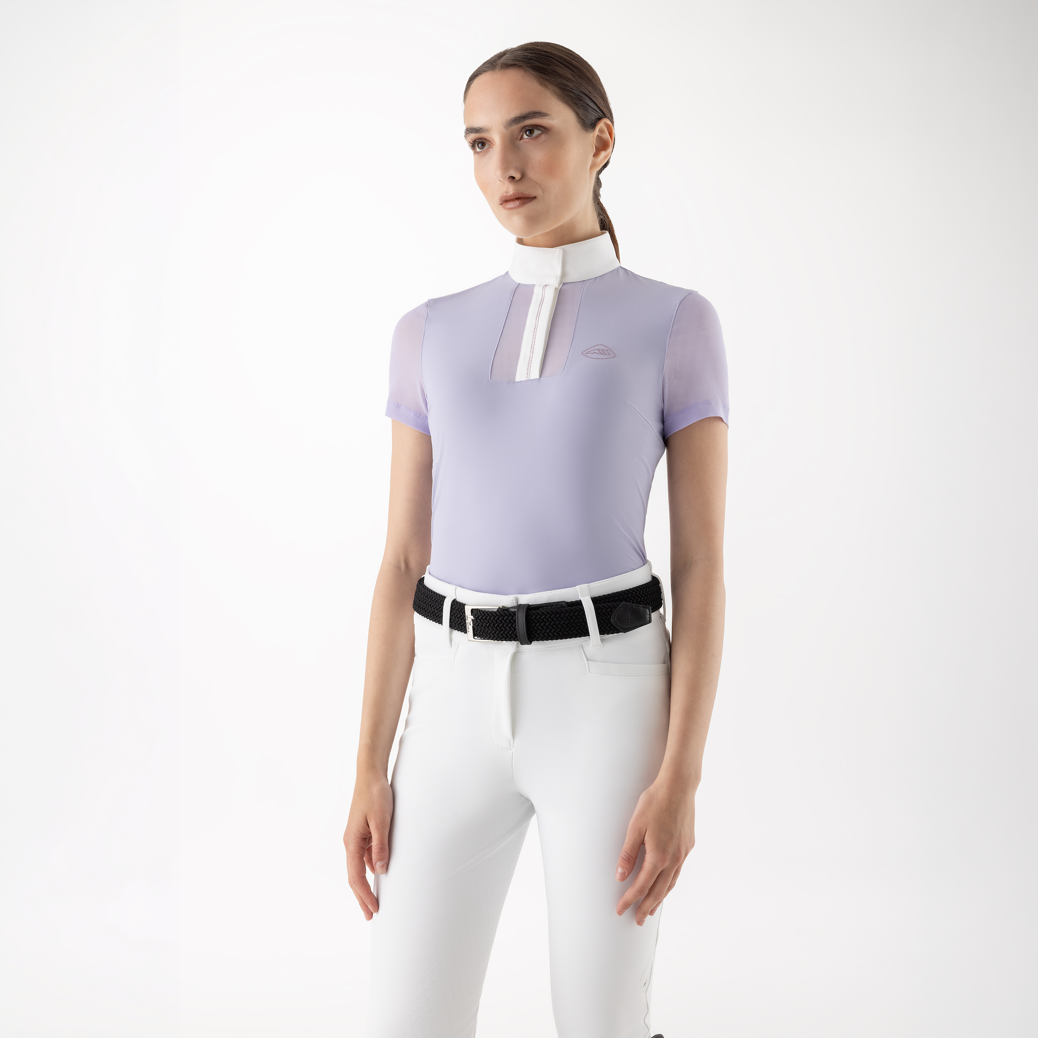Equiline Ladies Glece short sleeve competition shirt with a fitted design, featuring a high collar and subtle logo detail.