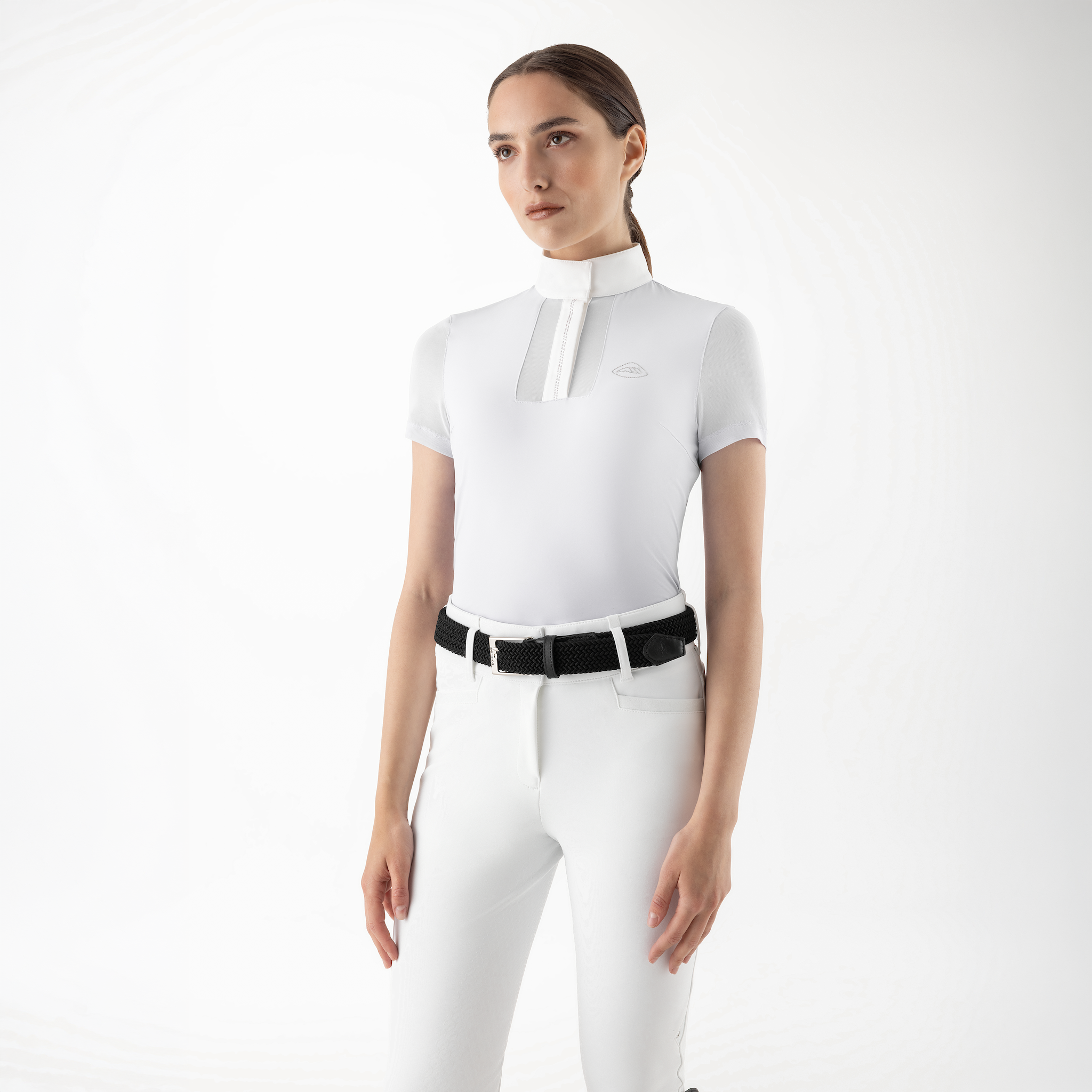 Equiline Ladies Glece short sleeve competition show shirt in white with a fitted design and subtle branding.