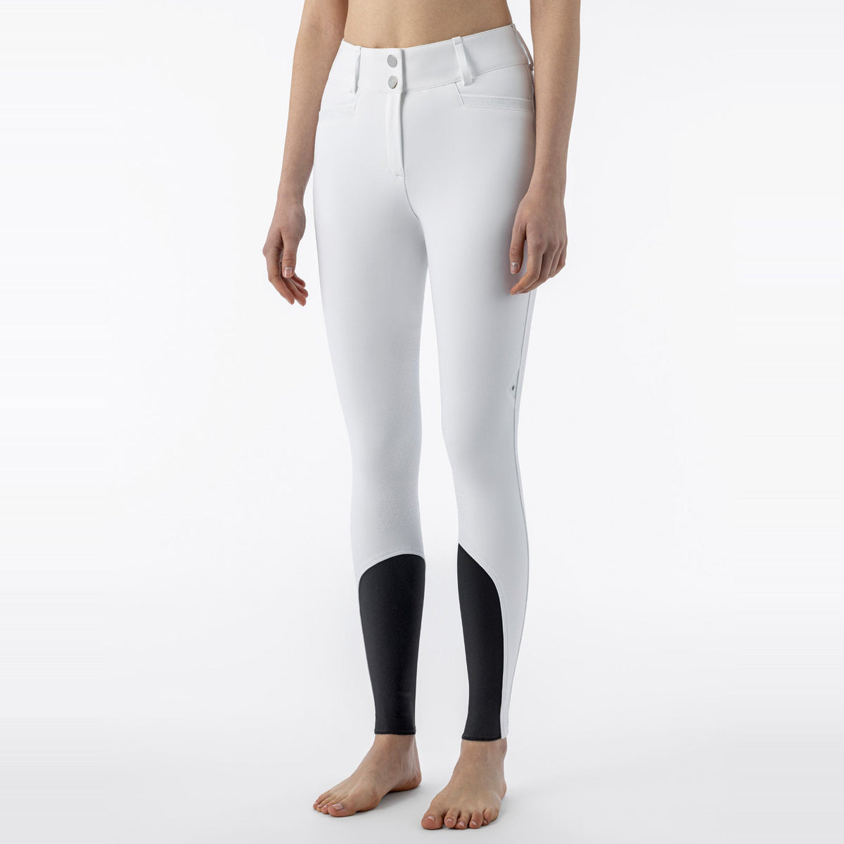 Equiline Ladies Crysalekh high waisted knee grip breeches in white, front view of the technical competition breeches with full knee grip.