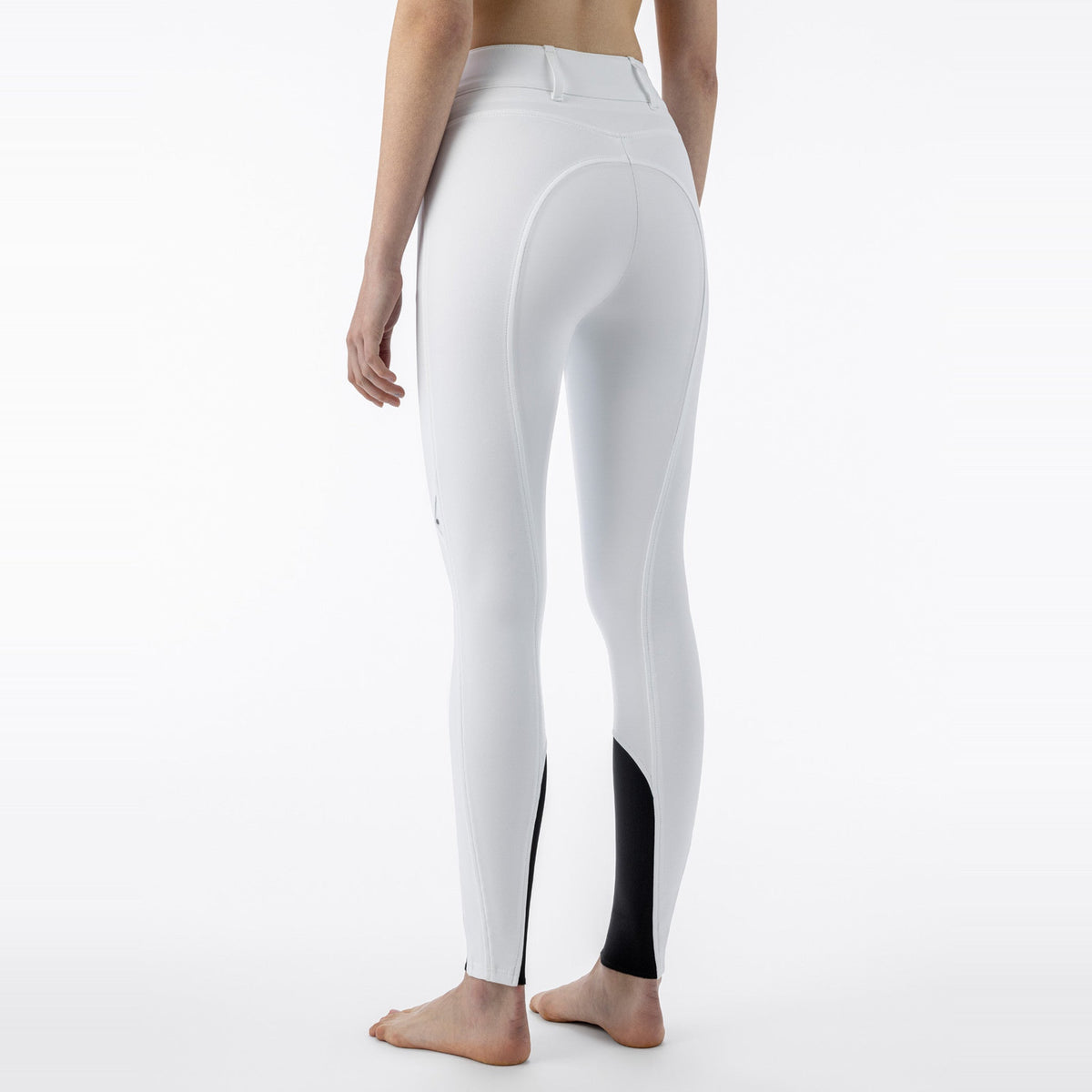 Equiline Ladies Crysalekh high waisted knee grip breeches in white, back view showing the high-waisted fit and knee grip panels.