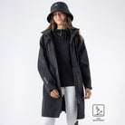 Equiline Ladies Eqextre long waterproof jacket in black, longline hooded rain jacket for equestrian wear, waterproof to 20,000mm.