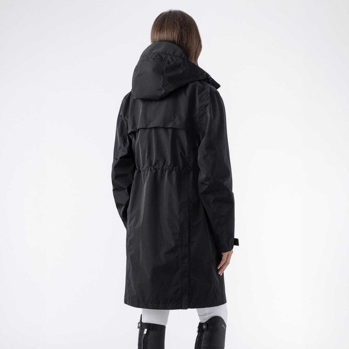 Equiline Ladies Eqextre long waterproof jacket in black, back view of the longline hooded design with rear ventilation.