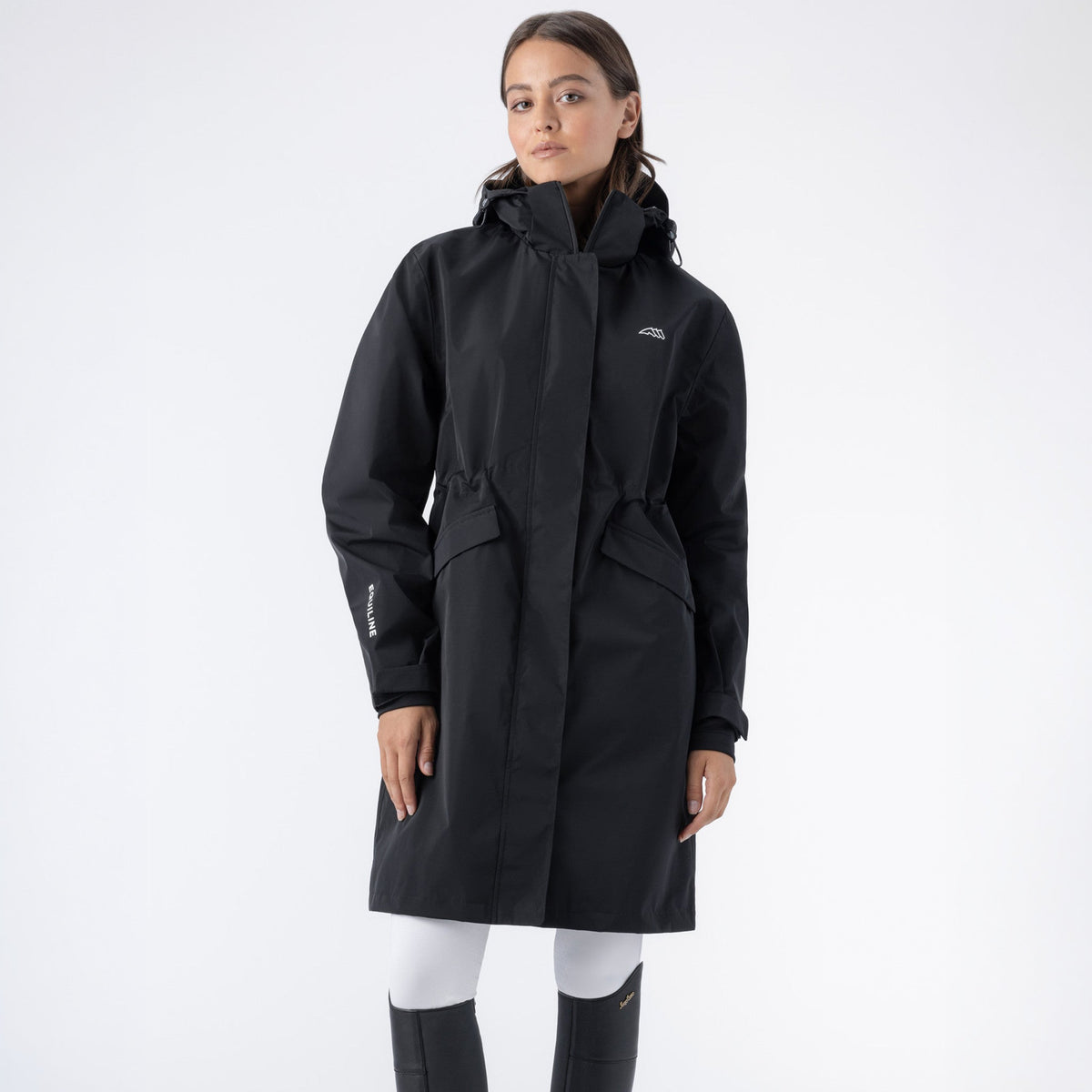 Equiline Ladies Eqextre black long waterproof jacket, front view showing the full-length zip and adjustable hood for wet-weather riding.