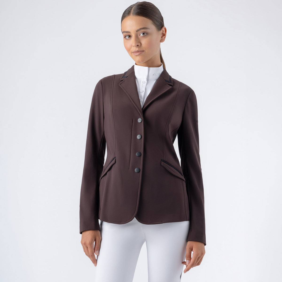 Equiline Ladies Eqjacky show jacket in coffee bean, tailored competition jacket in technical stretch fabric for equestrian show riding.