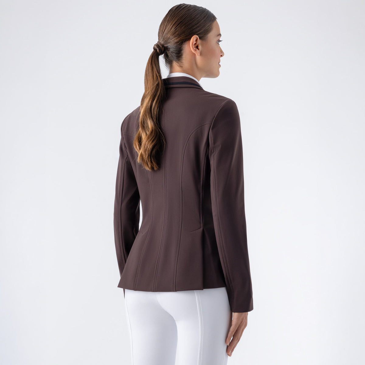 Equiline Ladies Eqjacky show jacket in coffee bean, back view showing the tailored competition silhouette for dressage and show jumping.
