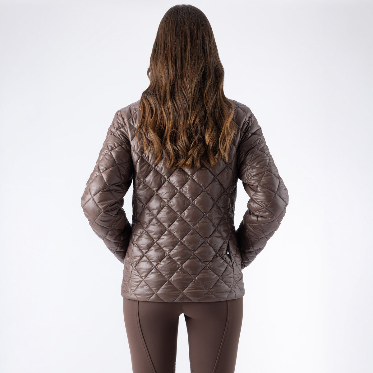 Equiline Ladies Eqplum light padded jacket in cocoa powder, back view of the lightweight quilted design.