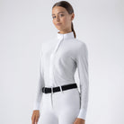 Equiline Ladies Eqtock long sleeve competition shirt in white, fitted stretch show shirt with high collar for equestrian competition.