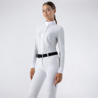 Equiline Ladies Eqtock white competition shirt detail, showing the textured tone-on-tone fabric and tailored competition fit.