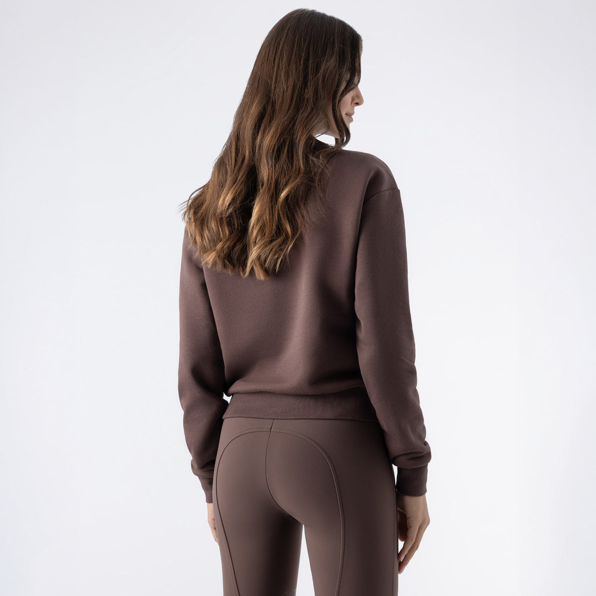 Equiline Ladies Eqzzie crewneck sweatshirt in cocoa powder, back view showing the relaxed cosy fit.