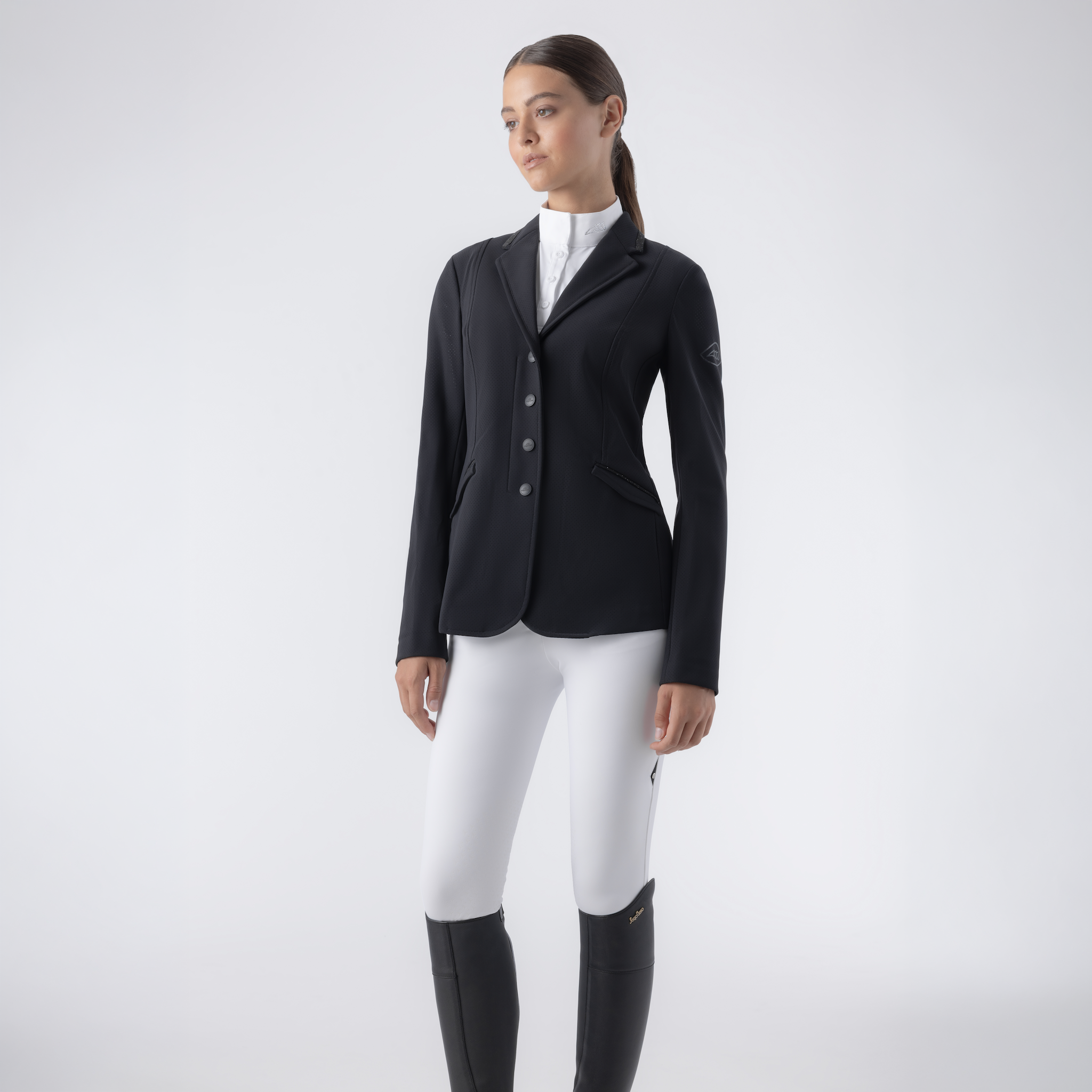 Equiline Ladies Garcia show jacket with tailored fit, navy color, and elegant design for equestrian competition attire.