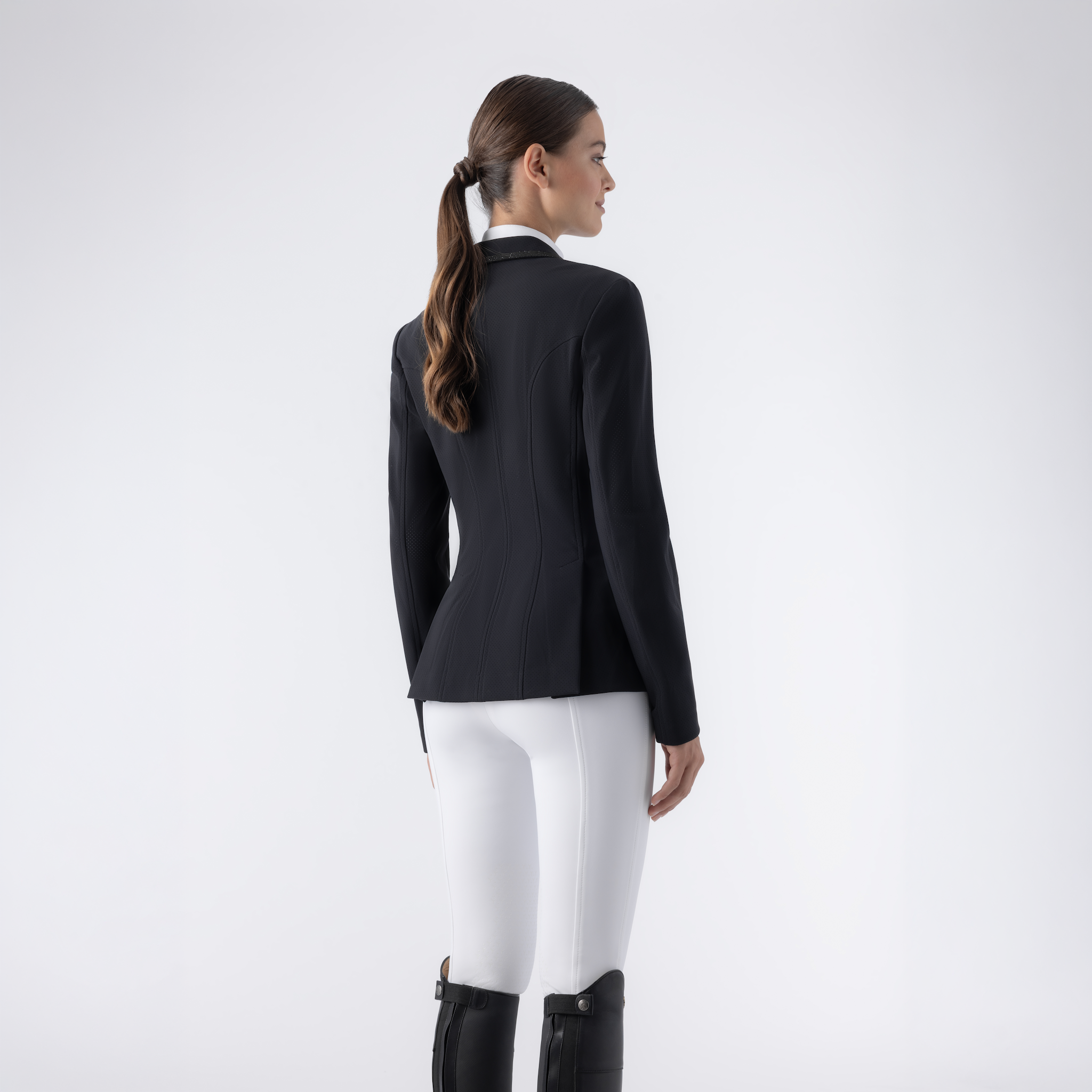 Equiline Ladies Garcia Show Jacket back view, tailored black show jacket with sleek design and elegant stitching details.