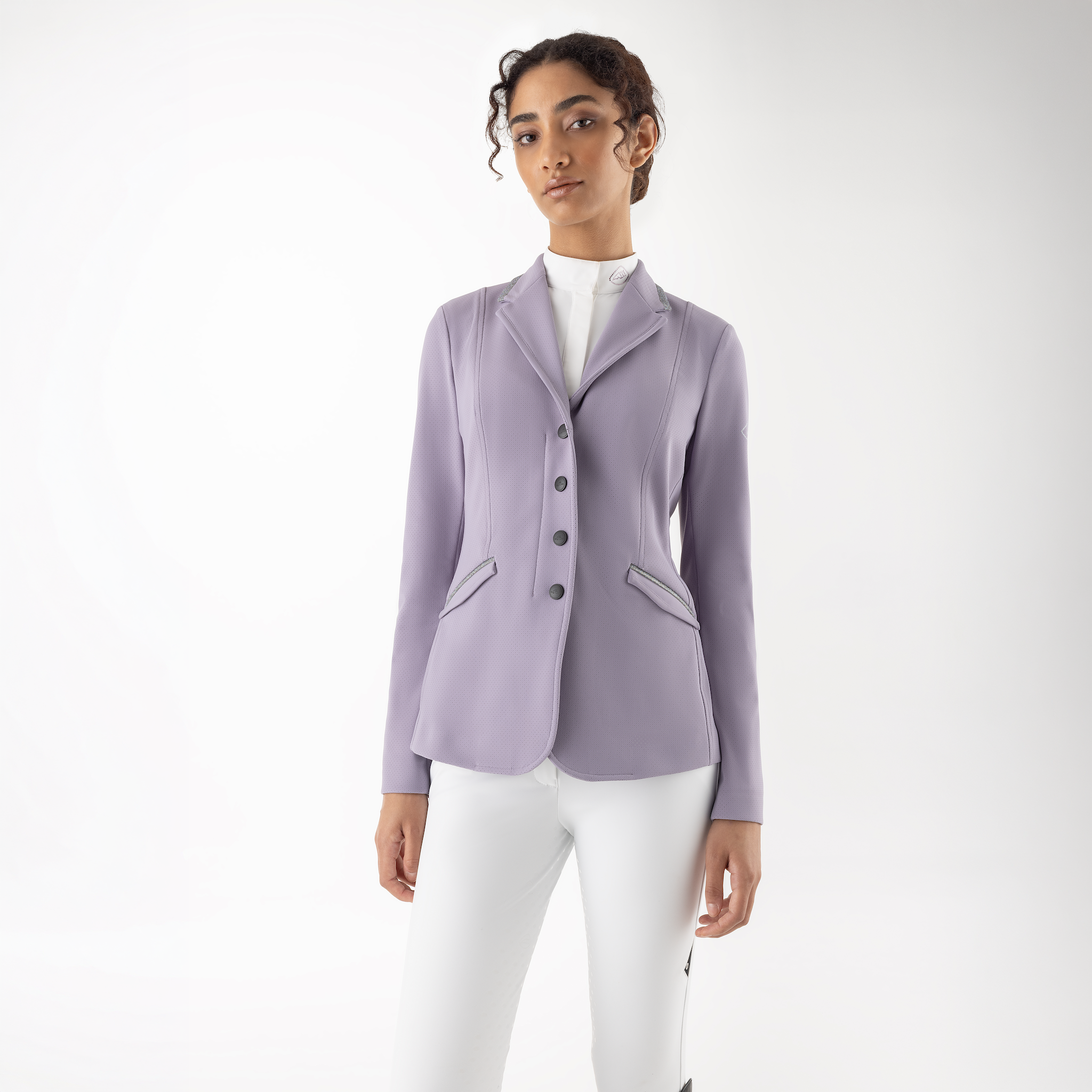 Equiline Ladies Garcia show jacket in mauve, tailored fit with elegant details, designed for equestrian competitions and show riding.