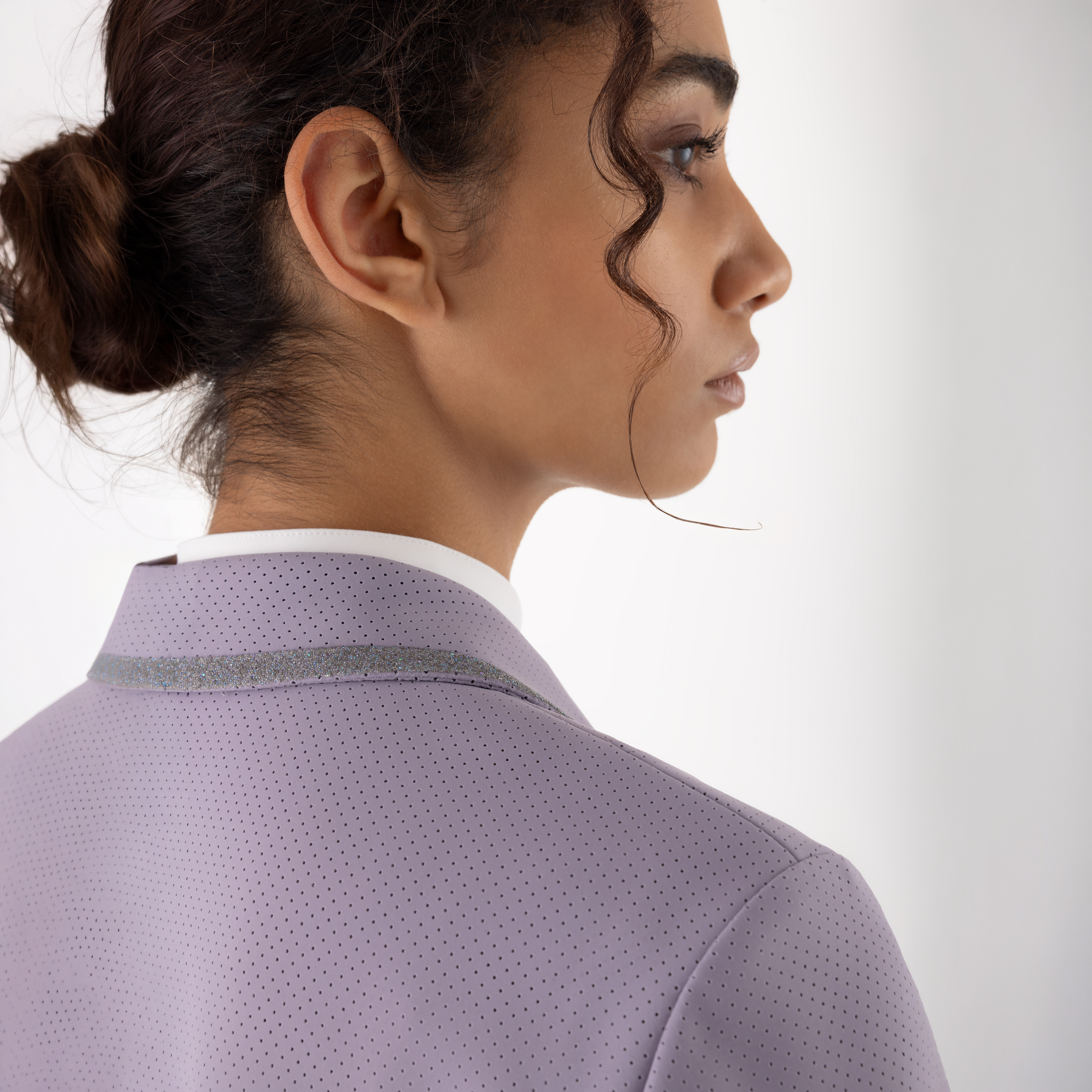 Equiline Ladies Garcia show jacket in mauve, featuring tailored fit and elegant design, with back view of the riding show jacket.