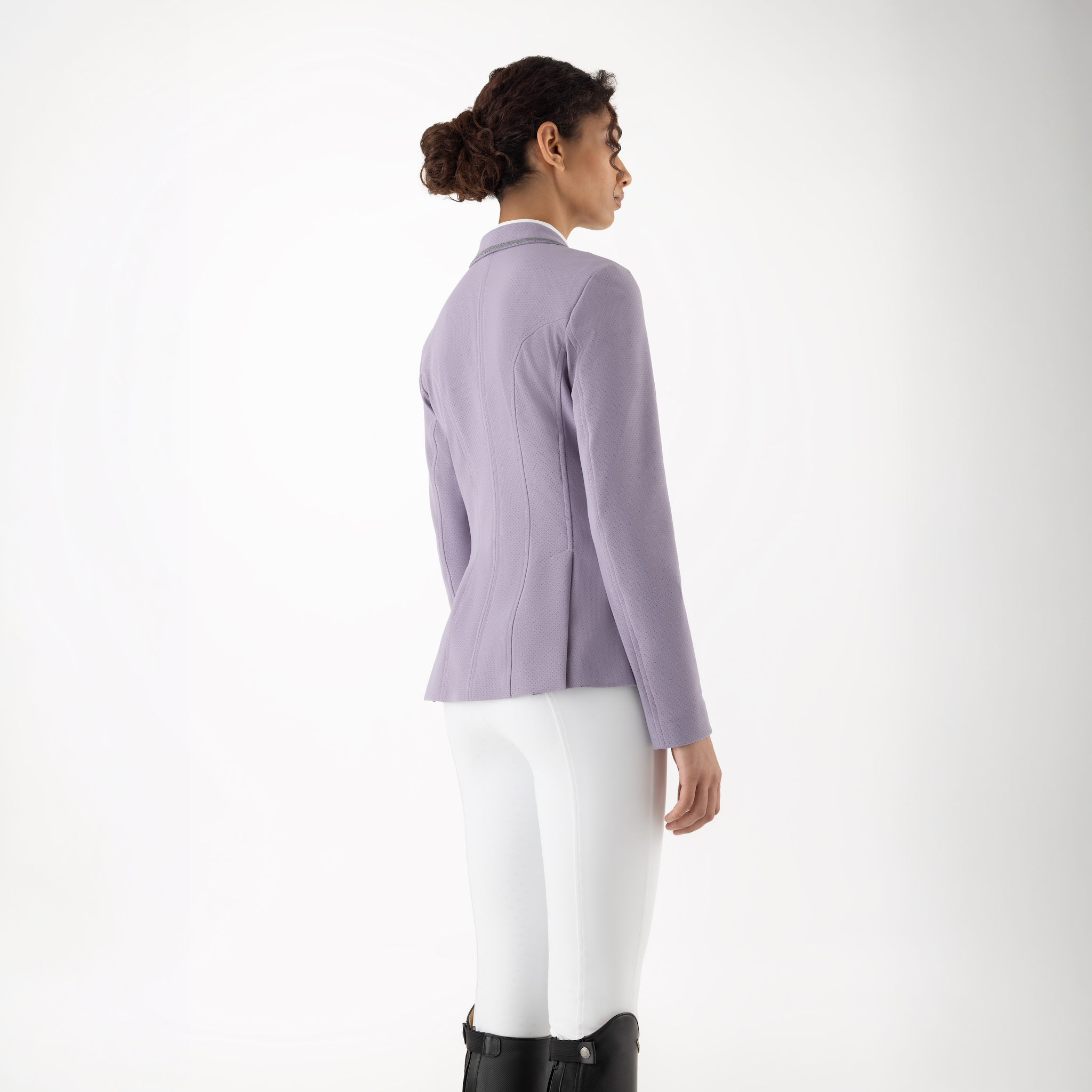 Equiline Ladies Garcia show jacket in mauve, featuring tailored fit and elegant design, displayed from the back.
