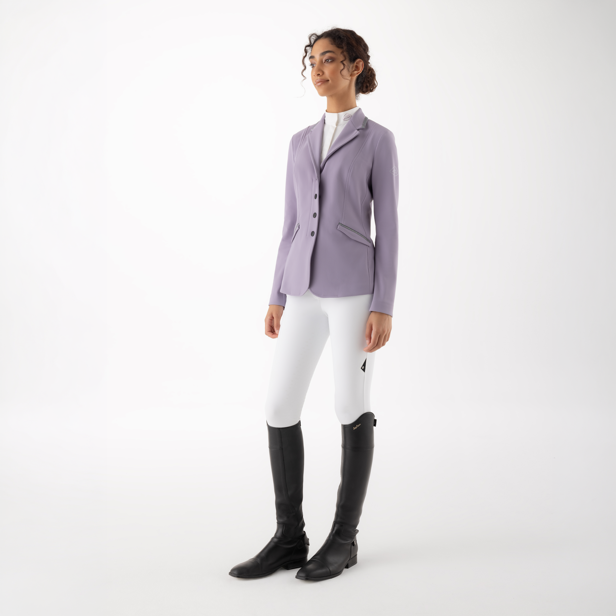 Equiline Ladies Garcia show jacket in mauve, tailored fit with elegant details, designed for equestrian show riding.