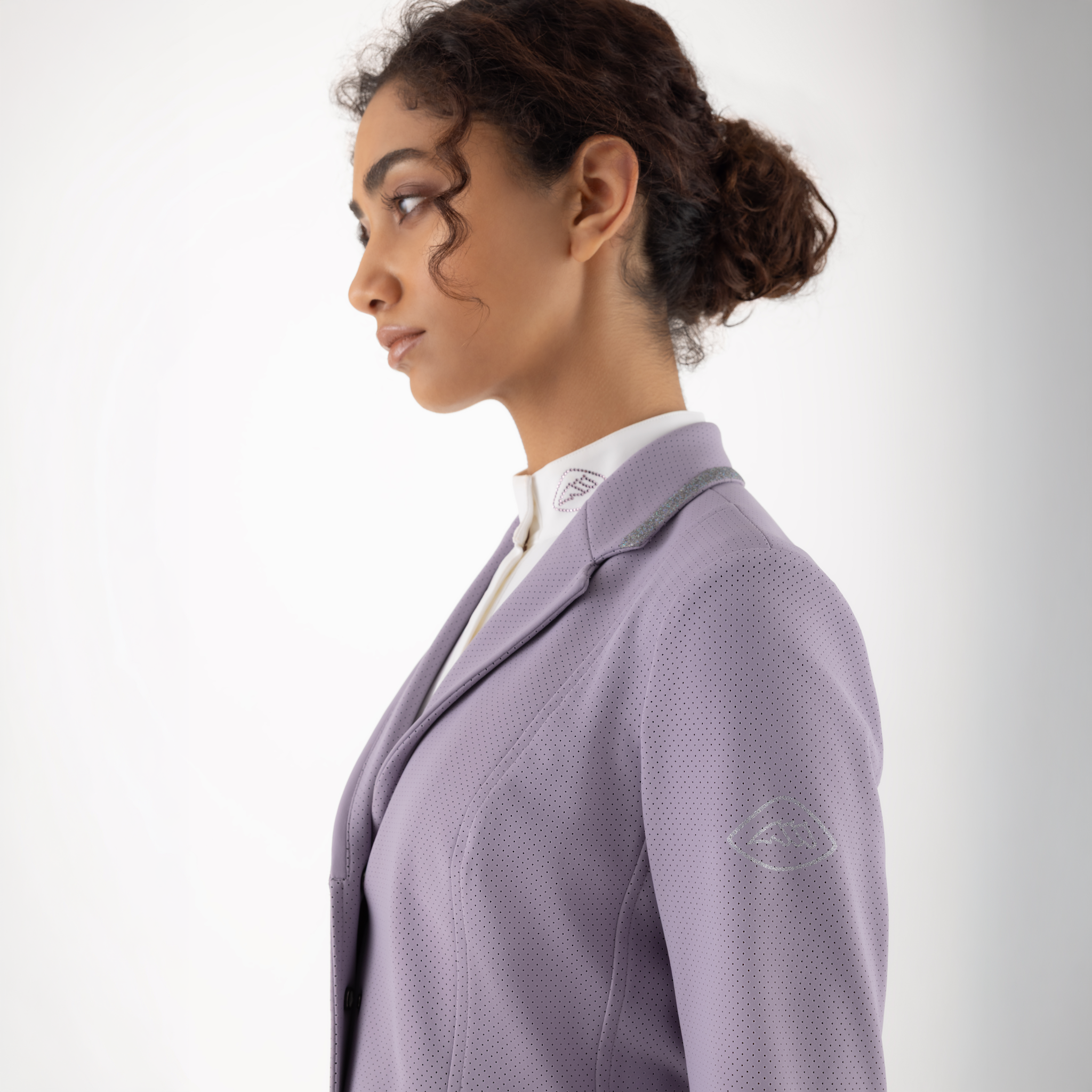 Equiline Ladies Garcia show jacket in mauve, tailored fit with elegant details, designed for equestrian competition.