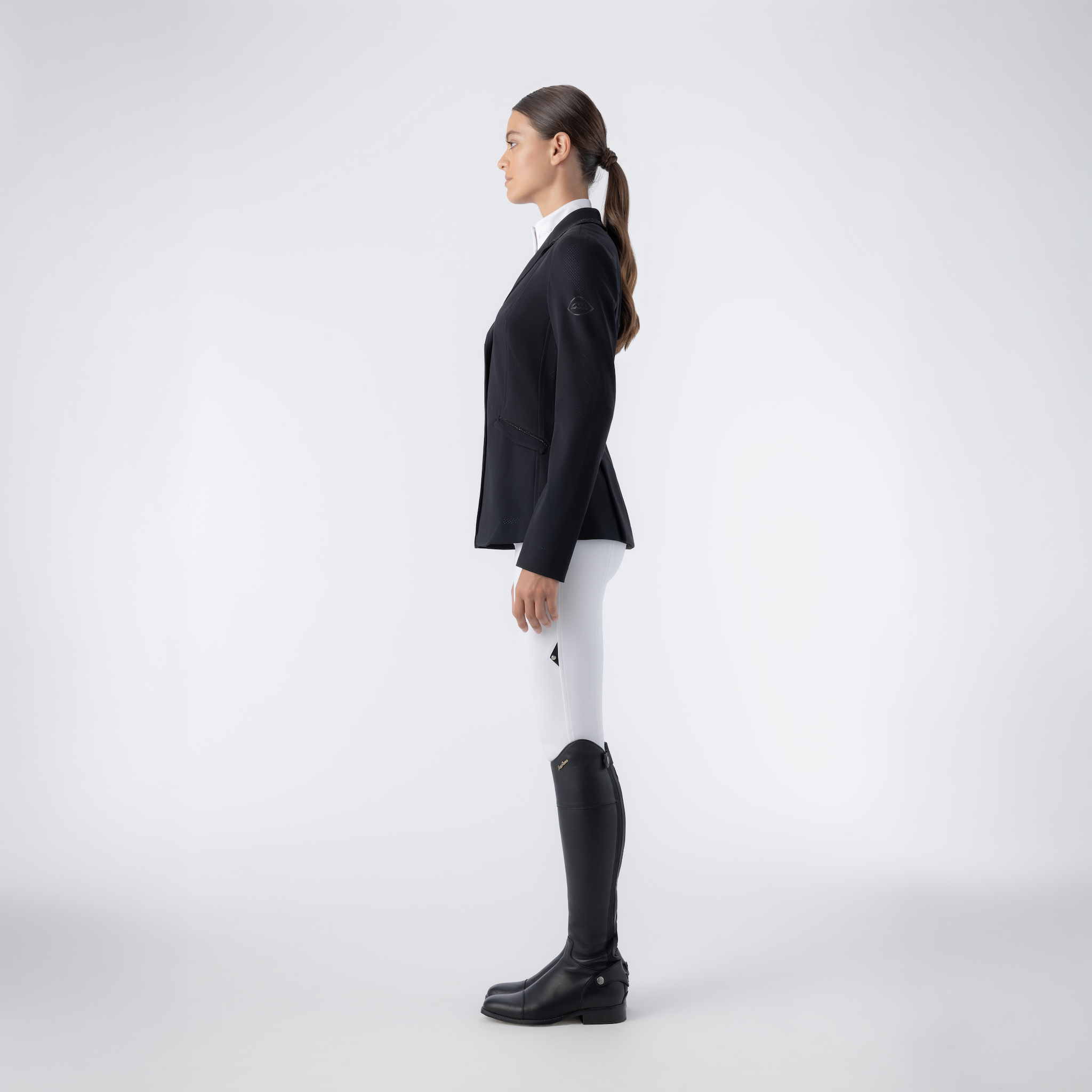Equiline Ladies Garcia show jacket in navy, tailored fit, with front buttons and elegant stitching, designed for equestrian competitions.