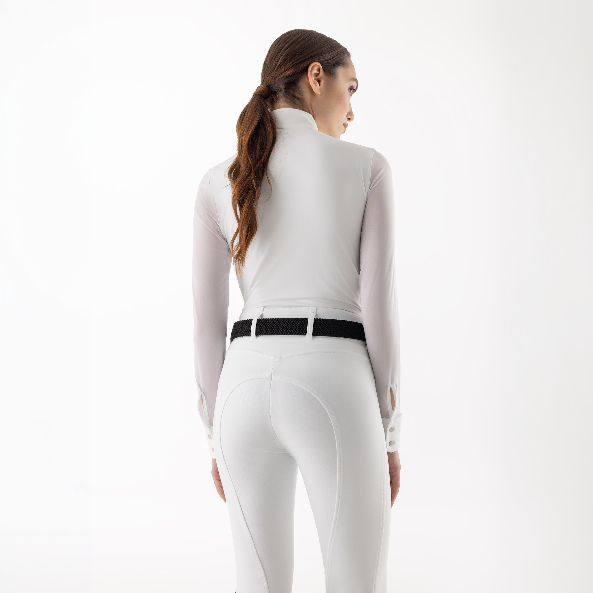 Equiline Ladies Gelsa long sleeve competition shirt, white show riding shirt with subtle logo details and tailored fit.
