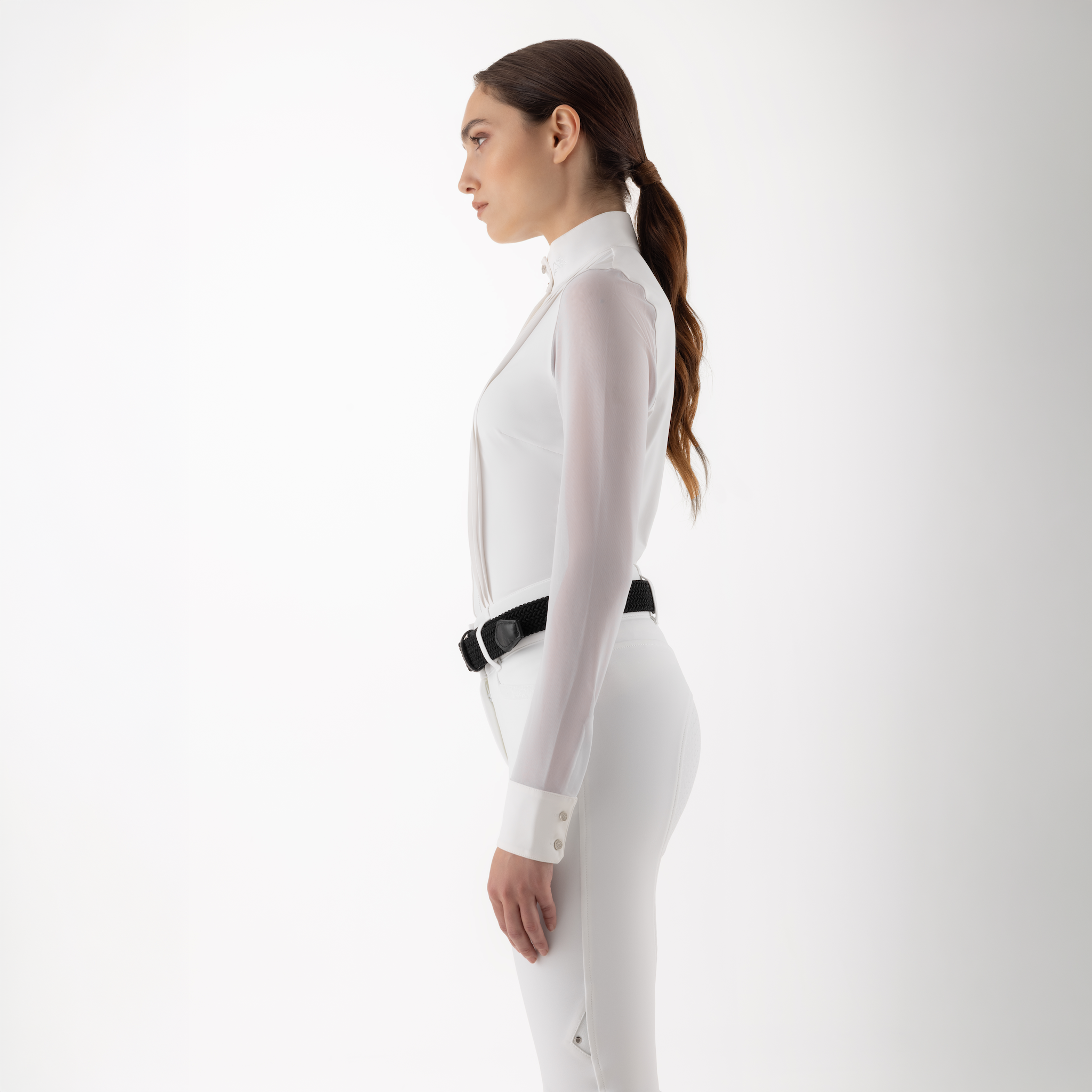 Equiline Ladies Gelsa long sleeve competition shirt displayed from the side, featuring a fitted design and subtle branding details.