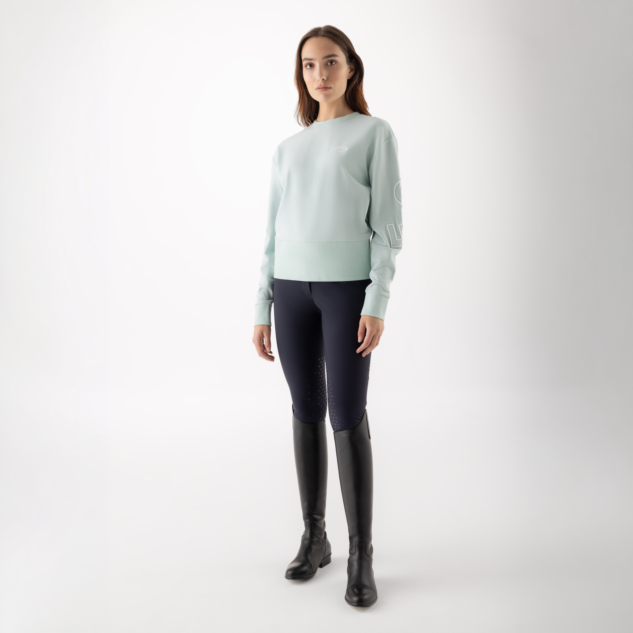 Equiline Ladies Carly crewneck sweater in soft knit, casual fit, featuring a classic design and ribbed cuffs, front view.
