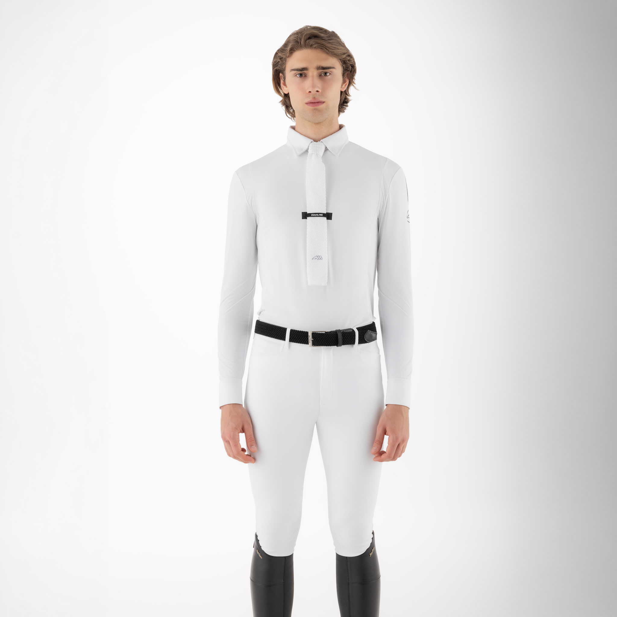 Equiline men's long sleeve competition show shirt with colorful design and tailored fit, ideal for equestrian events.