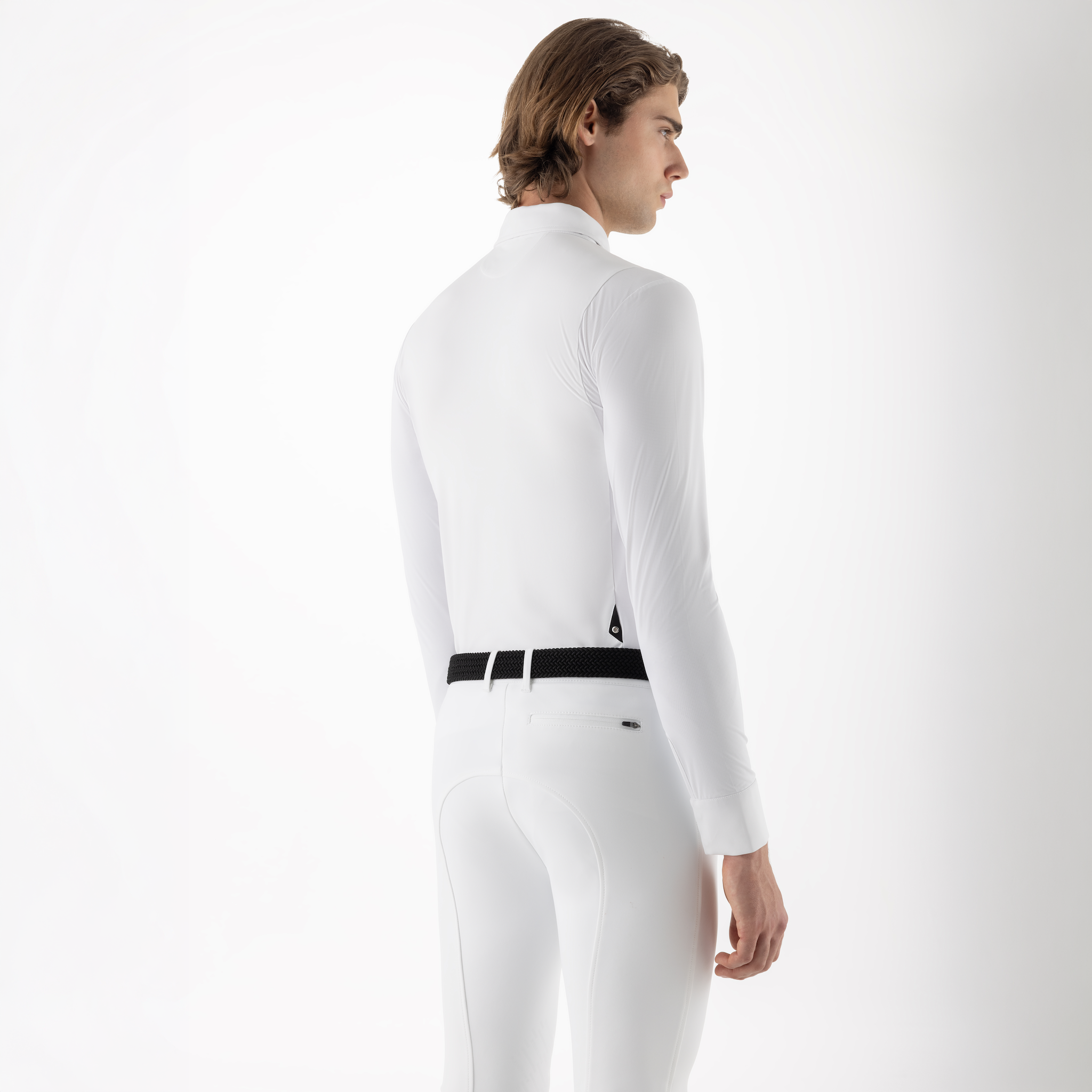 Equiline men's long sleeve competition show shirt with colorful design, featuring a back view of the stylish riding apparel.