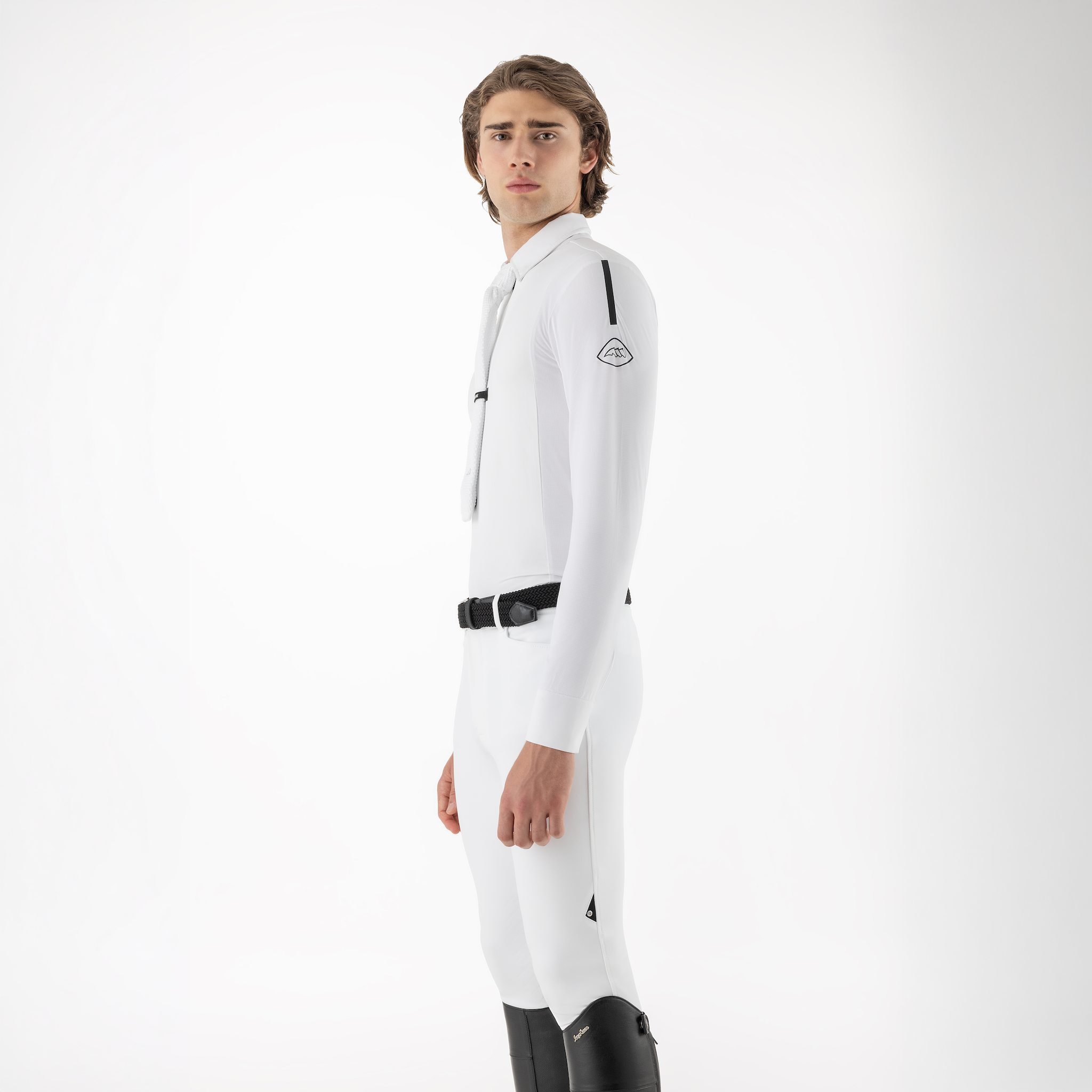 Equiline men's long sleeve competition show shirt with colorful design, featuring a fitted collar and sleek fabric for equestrian events.
