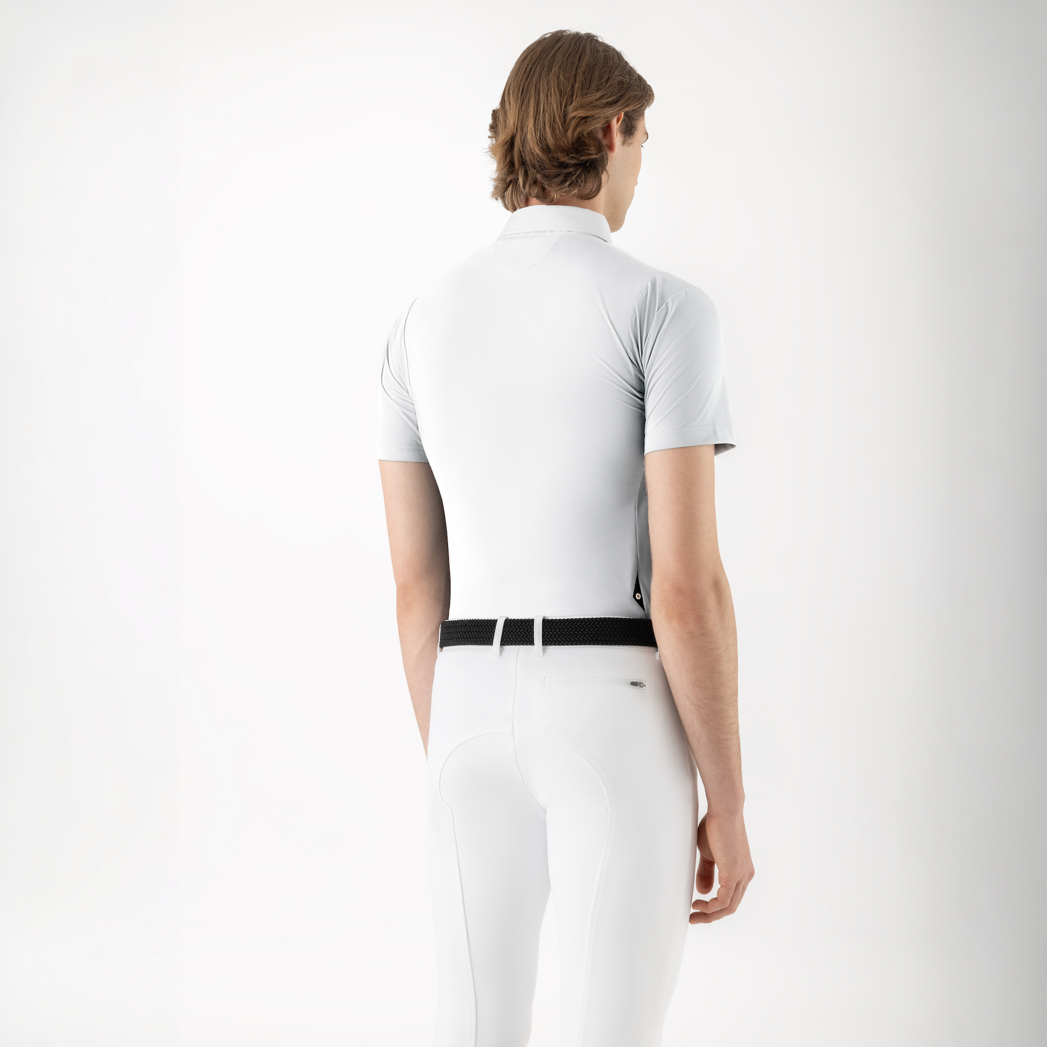 Equiline men's Cilort polo shirt showing the back design, lightweight show shirt made for equestrian events.
