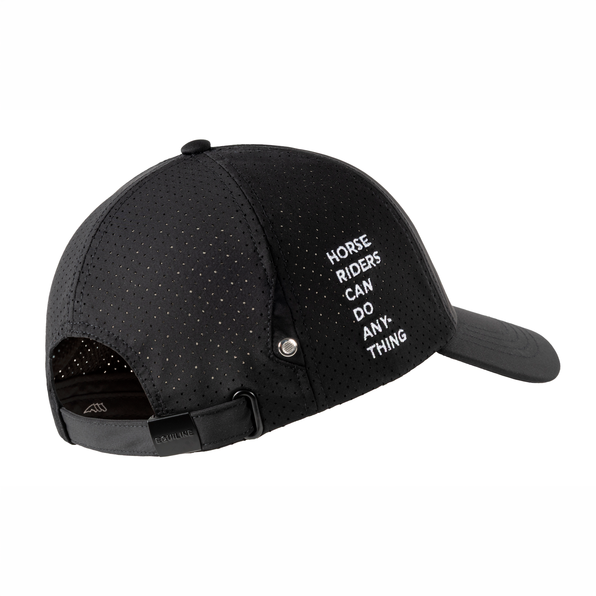 Back view of Equiline unisex Castel baseball cap showing adjustable strap and branded logo on navy blue fabric.