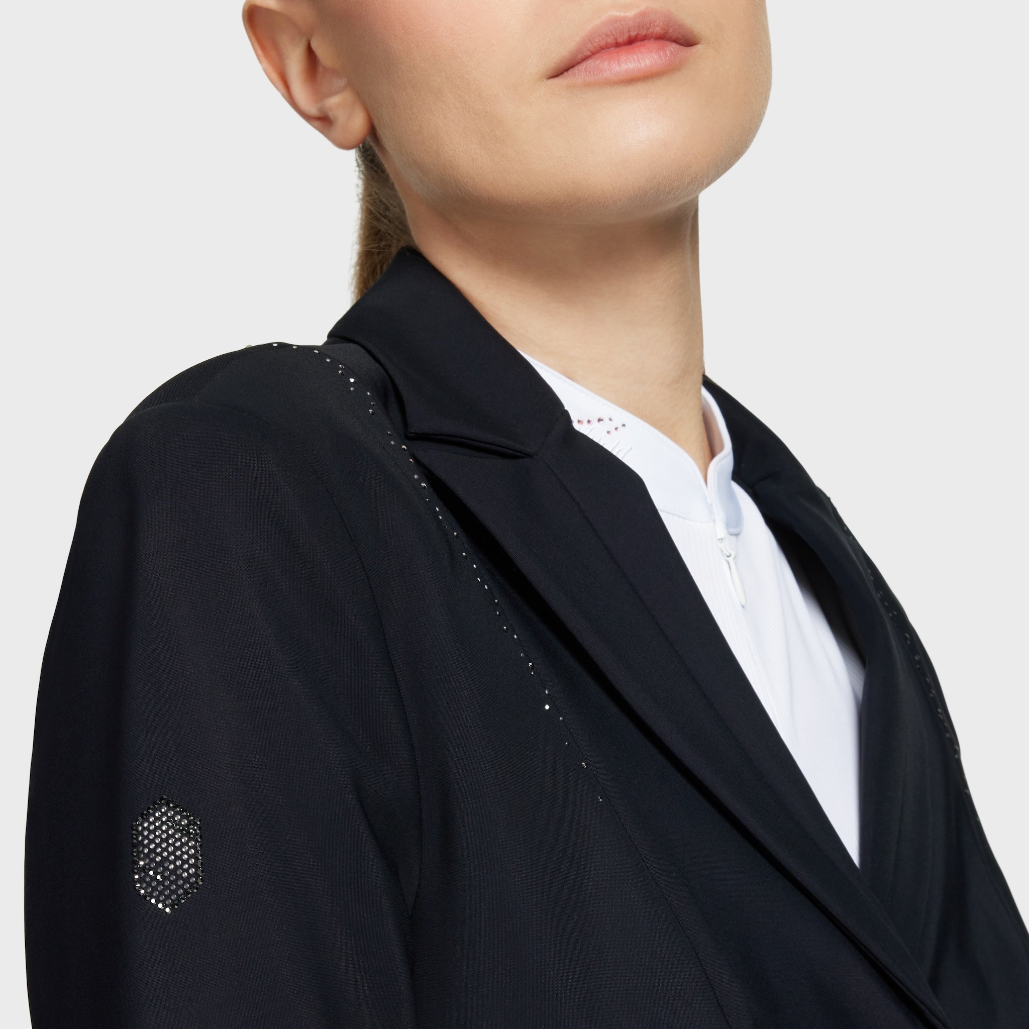 Samshield Ladies Jackie Crystal Show Jacket in black with crystal embellishments, tailored for equestrian competitions.