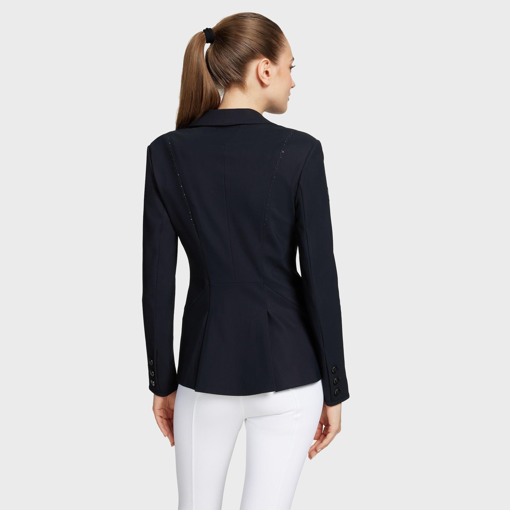 Samshield Ladies Jackie Crystal Show Jacket in black with crystal embellishments, tailored fit and elegant design for equestrian events.