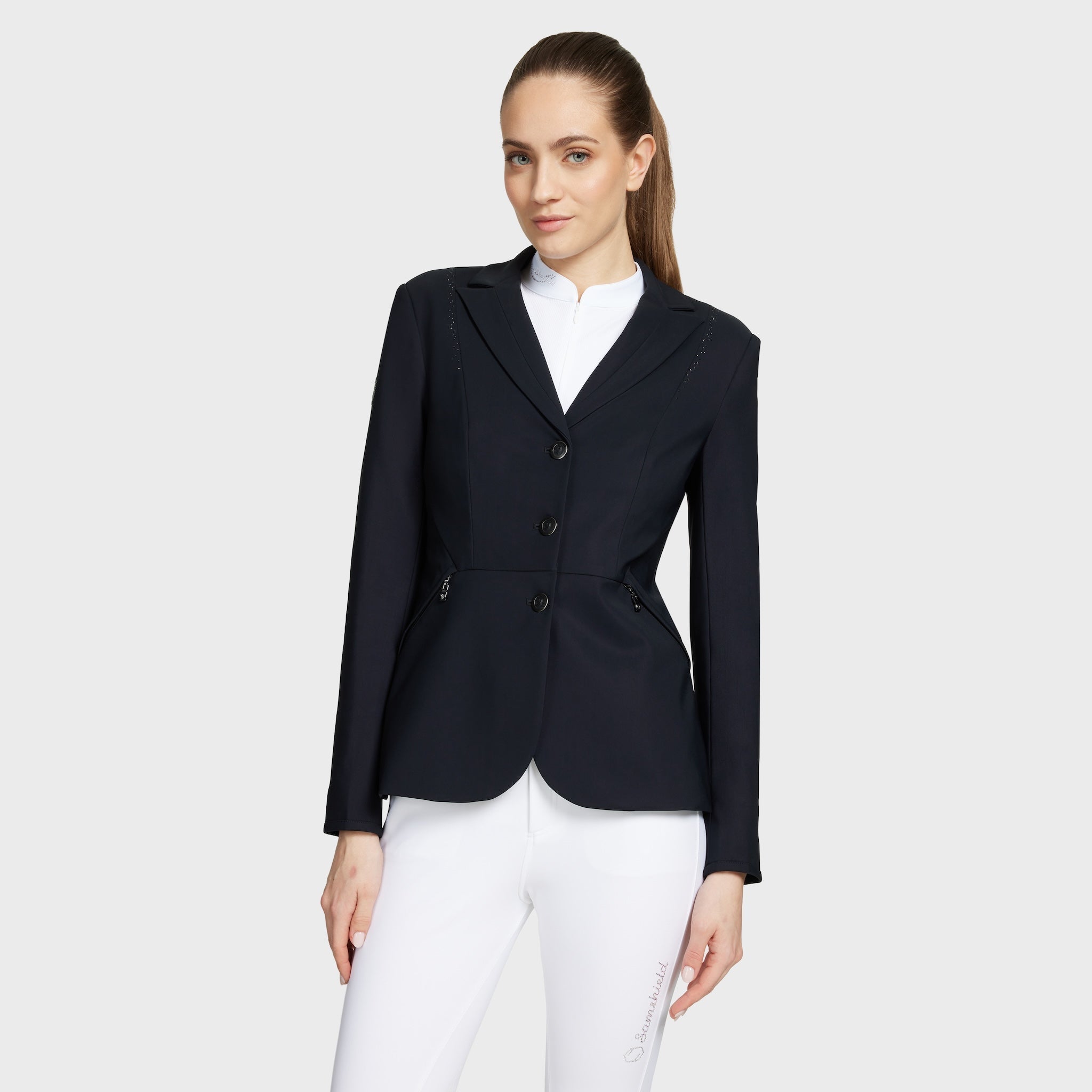 Samshield Ladies Jackie Crystal Jacket showing black show jacket with crystal embellishments and tailored fit for equestrian events.
