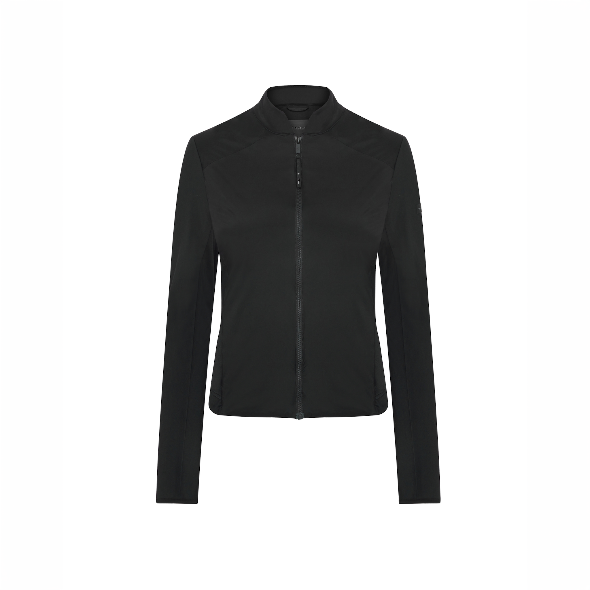 Black Trolle Ladies Thermal Tech Jacket for casual wear, featuring a fitted design and warm insulating fabric.
