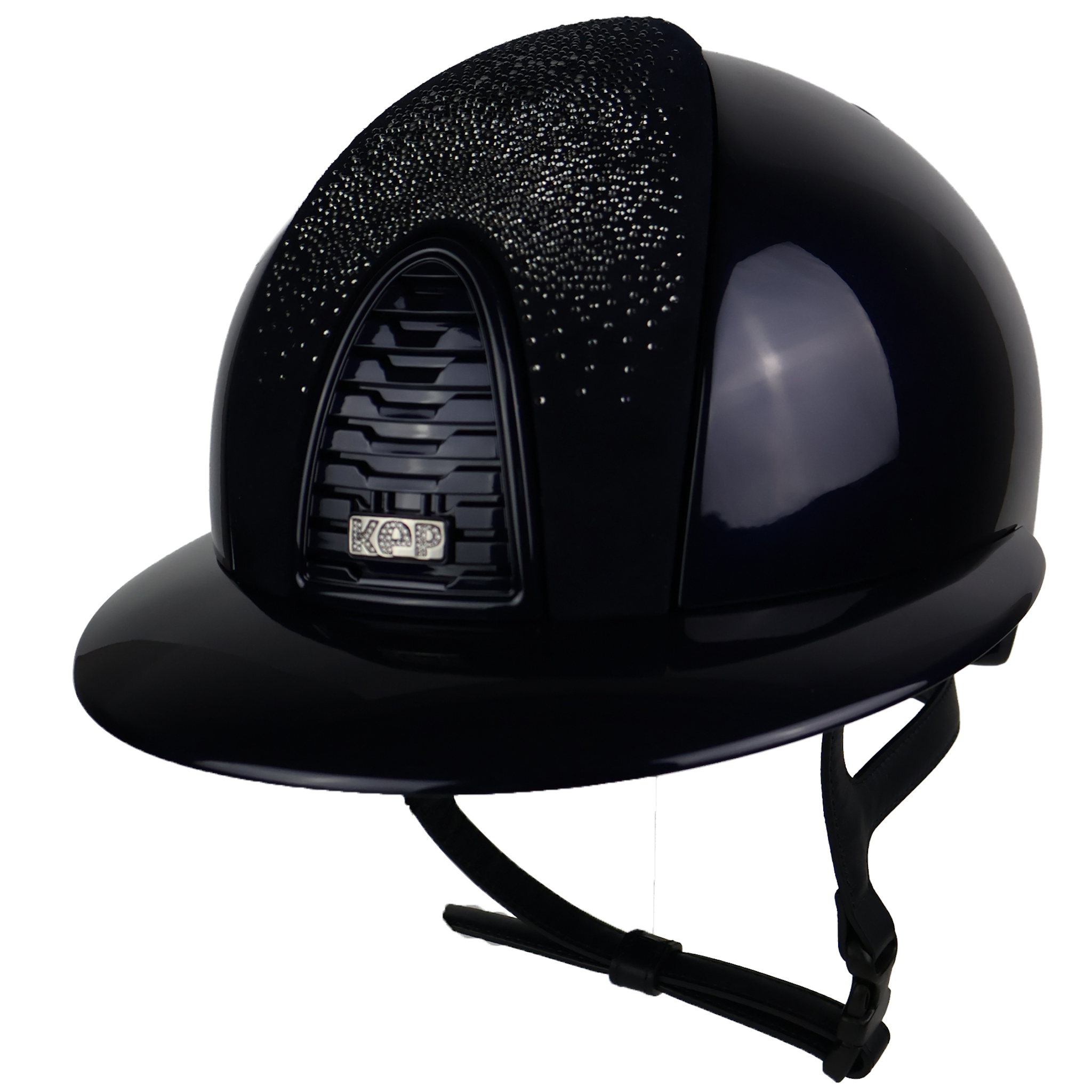 KEP Cromo 2.0 Polish Polo riding helmet with Nebula silver front and silver zircons logo, black and blue design.