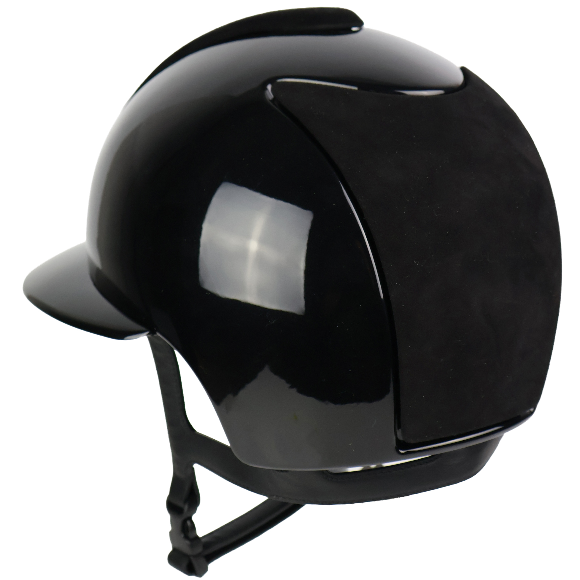 KEP Cromo 2.0 Polish Polo riding helmet with suede accents, visor, metal logo, silver shine details, black color, back view.