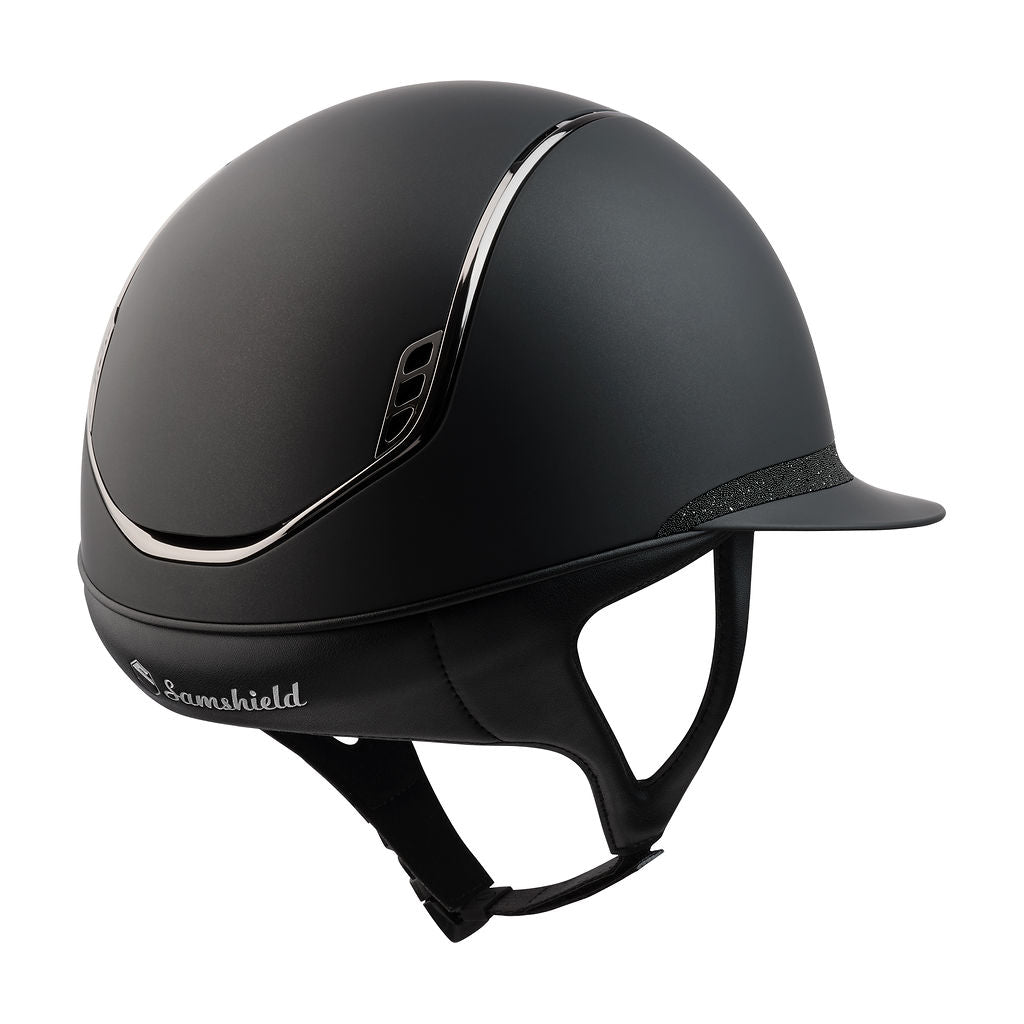 Samshield Miss Shield Shadowmatt 2.0 Riding Helmet, Crystal Fabric Front Band & Blazon, Black Chrome Trim - Espayo Equestrian