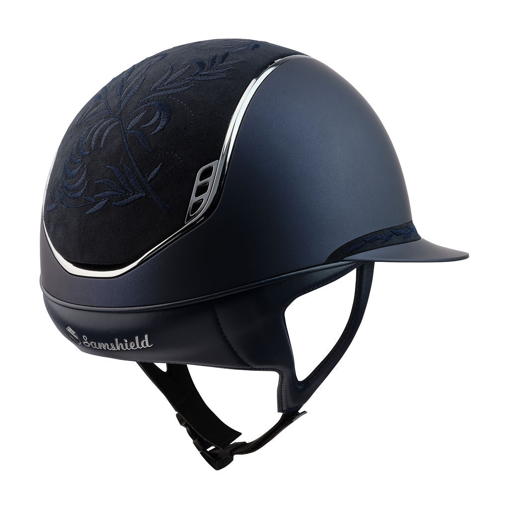 Samshield Miss Shield Shadowmatt 2.0 Riding Helmet, Flower Embroidery Top & Front Band, Chrome Trim, Crystal Fabric Blazon - Espayo Equestrian