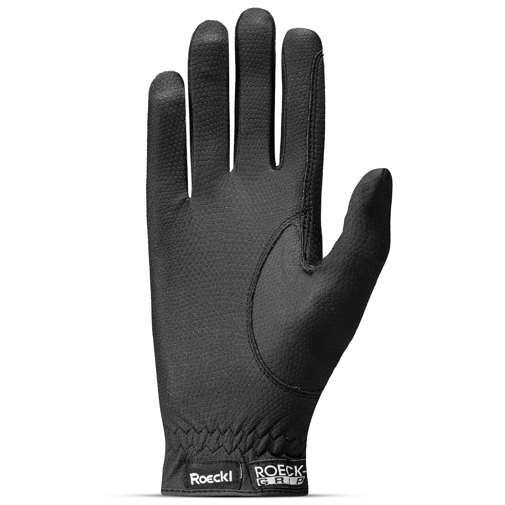 Black Roeckl Lisboa riding gloves with textured palms and snug fit, designed for horseback riding and equestrian activities.