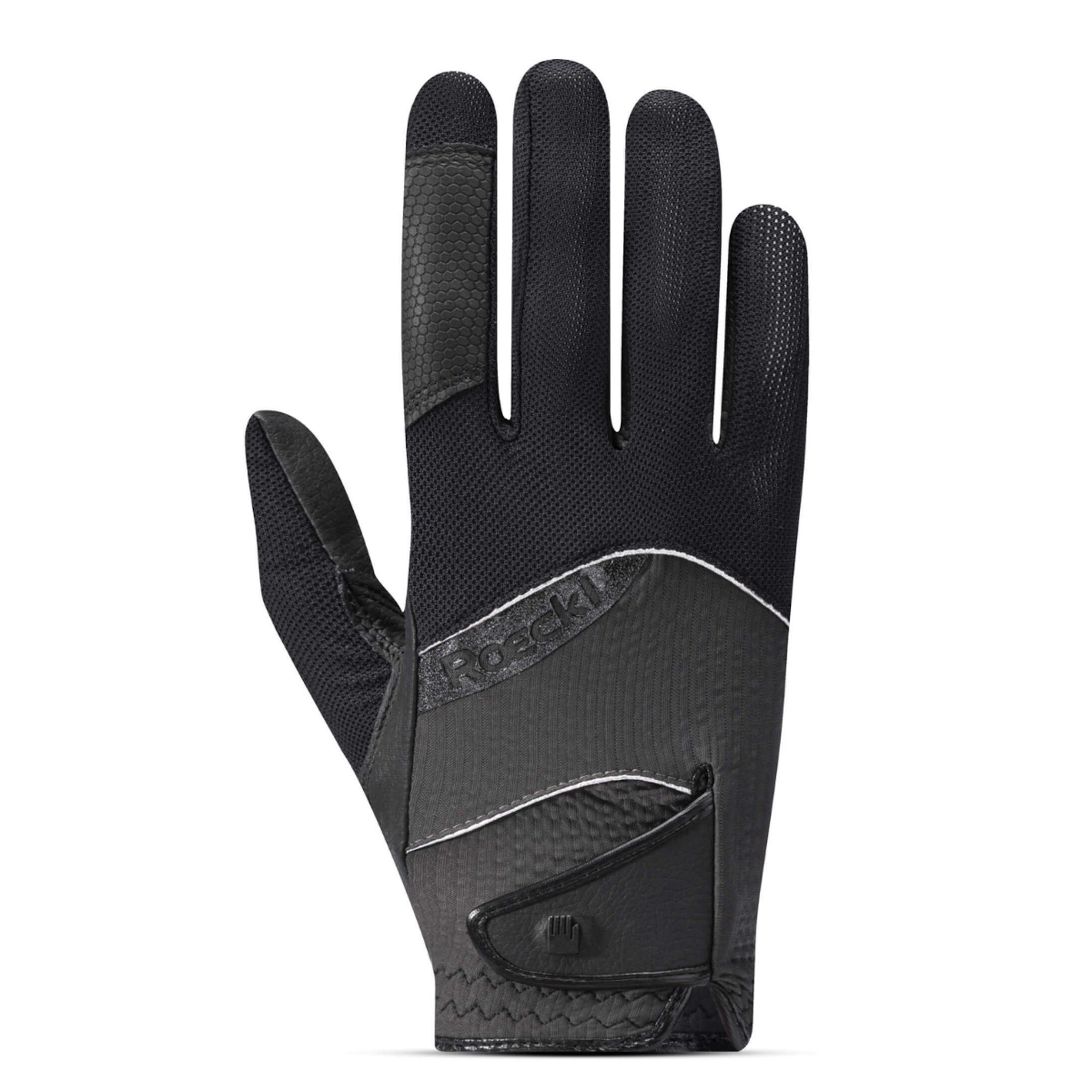 Black Roeckl Millero unisex gloves with textured volcanic ash pattern, designed for warmth and style.