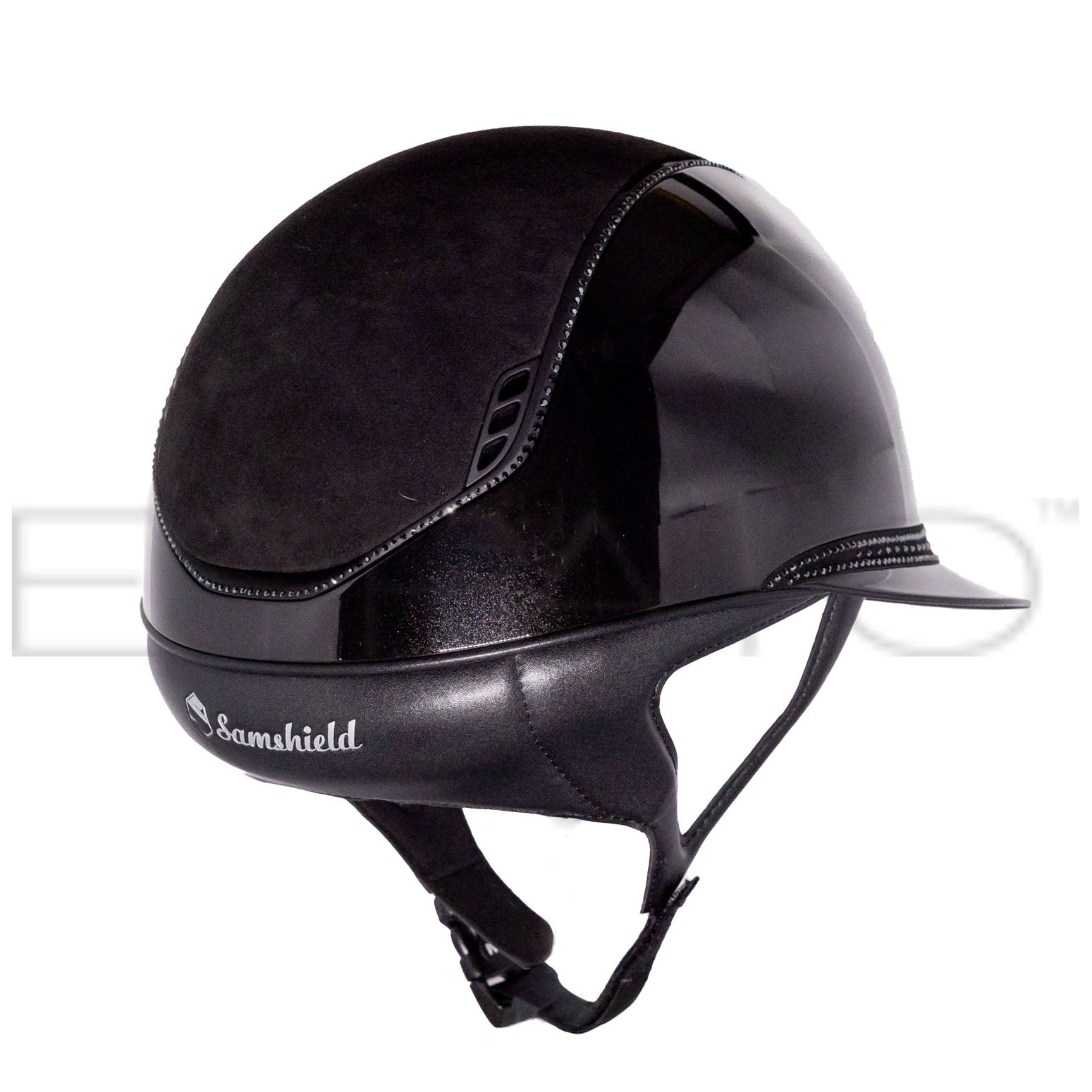 Black equestrian helmet with Samshield logo on a white background