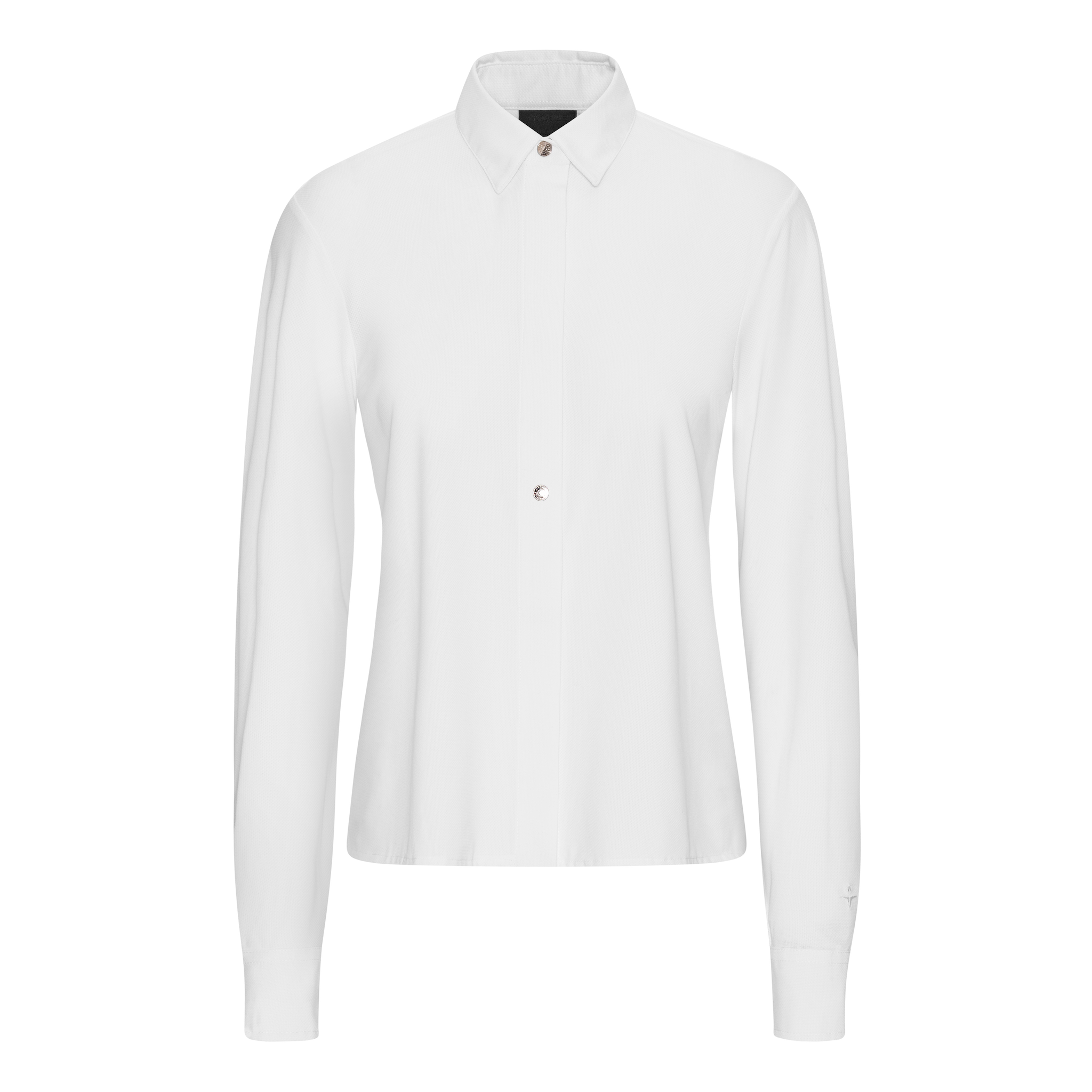 White Trolle Ladies Casual Piquet Shirt shown on a model, featuring a classic polo style with short sleeves and a collared neckline.