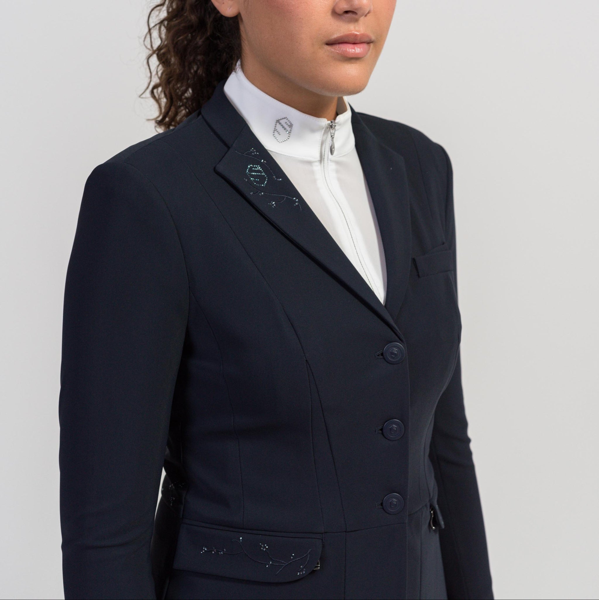 Samshield Ladies Victory Crystal Leaf show jacket in navy with tone-on-tone crystal leaf details, tailored fit for equestrian competitions.